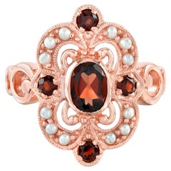 Garnet and Pearl Vintage Style Cocktail Ring in 14K Rose Gold