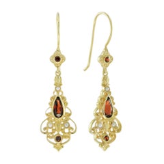 Boucles d'oreilles pendantes en or jaune 9K, grenat et perles, style vintage