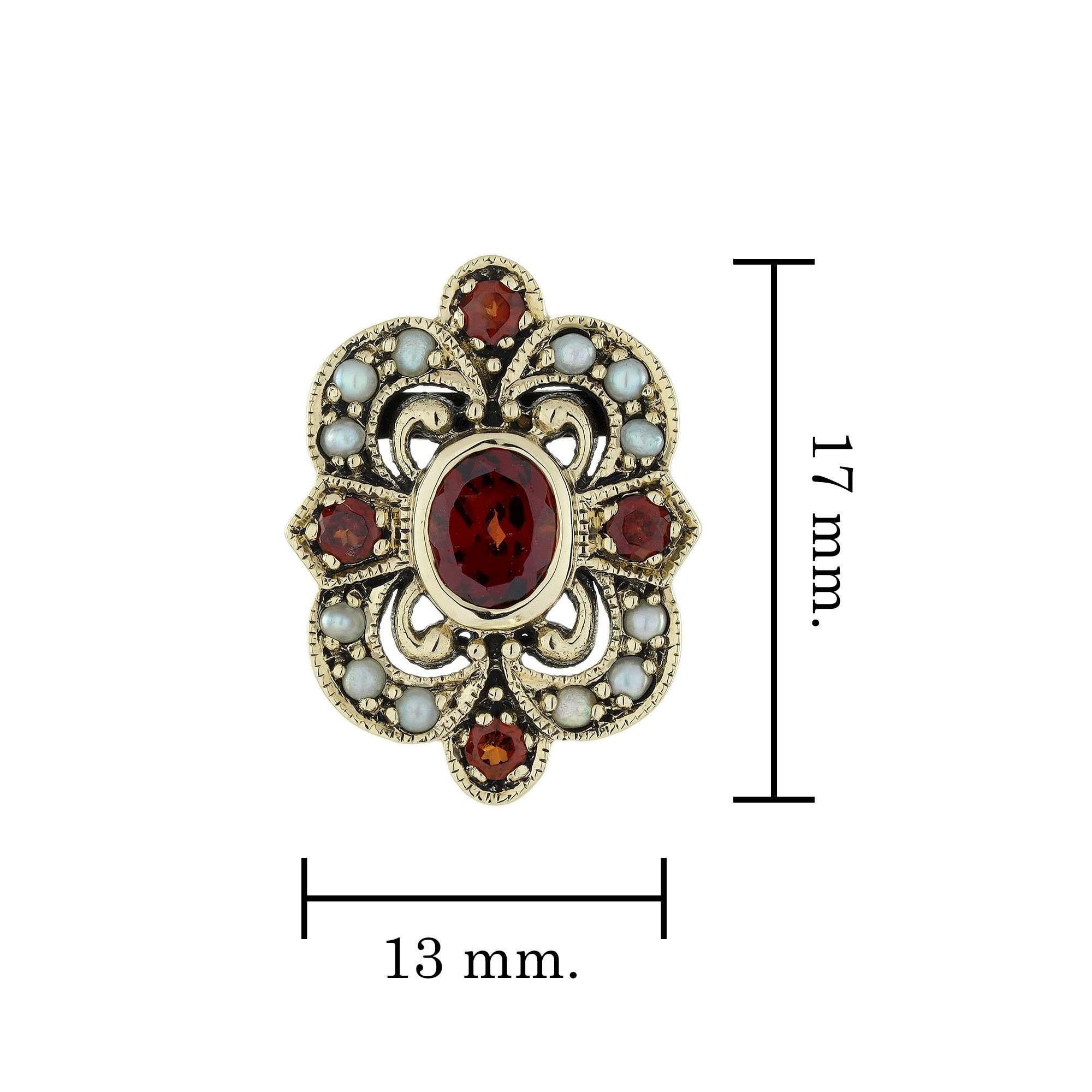 Granat und Perle Vintage Style Floral Ohrstecker in 9K Gelbgold im Zustand „Neu“ im Angebot in Bangkok, TH
