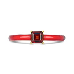 Garnet and Red Enamel Slim Band Ring in 14K Yellow Gold over Sterling Silver