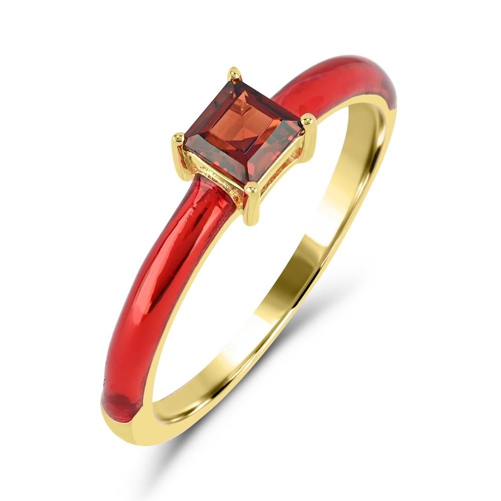 Contemporary Garnet and Red Enamel Slim Band Ring in 14K Yellow Gold over Sterling Silver For Sale