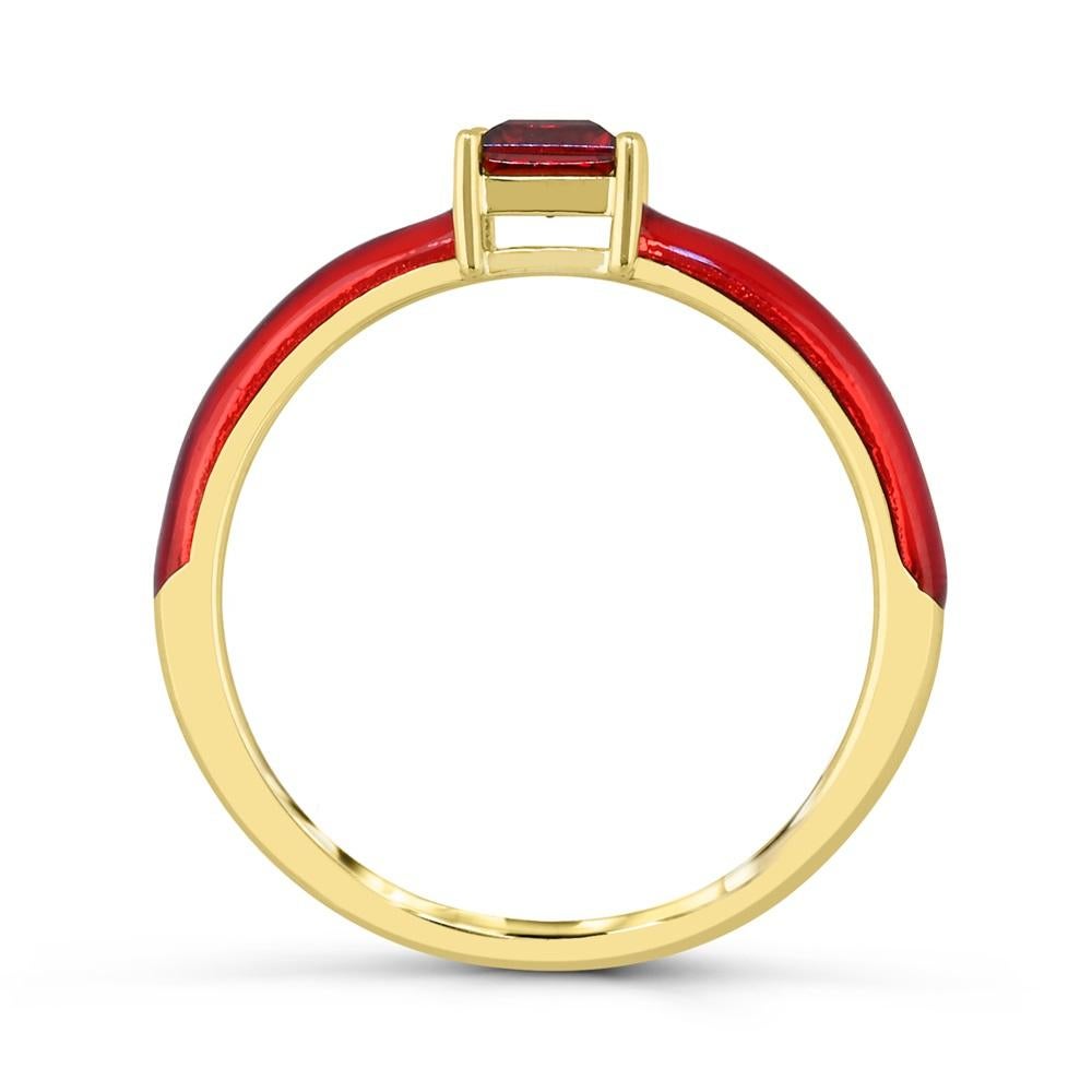 Antique Cushion Cut Garnet and Red Enamel Slim Band Ring in 14K Yellow Gold over Sterling Silver For Sale