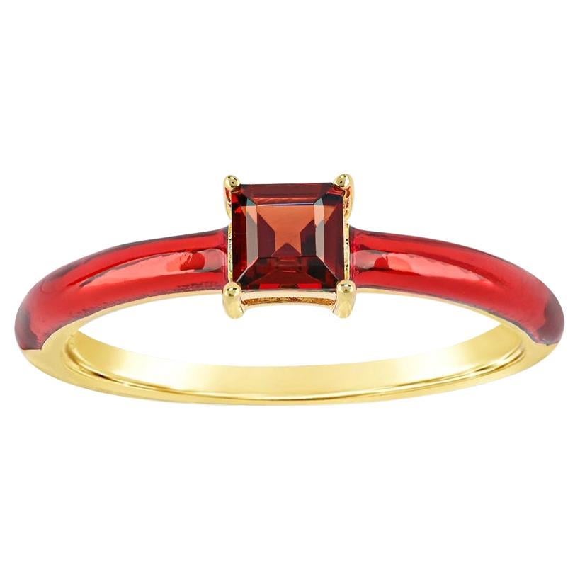 Garnet and Red Enamel Slim Band Ring in 14K Yellow Gold over Sterling Silver For Sale