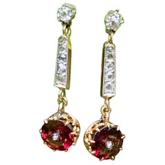 Garnet and Rose Cut Diamond Dangle 14 Karat Gold Pierced Earrings, 1900s