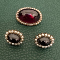 Garnet and Seed Pearl Cabochon Brooch and Earring Suite Set