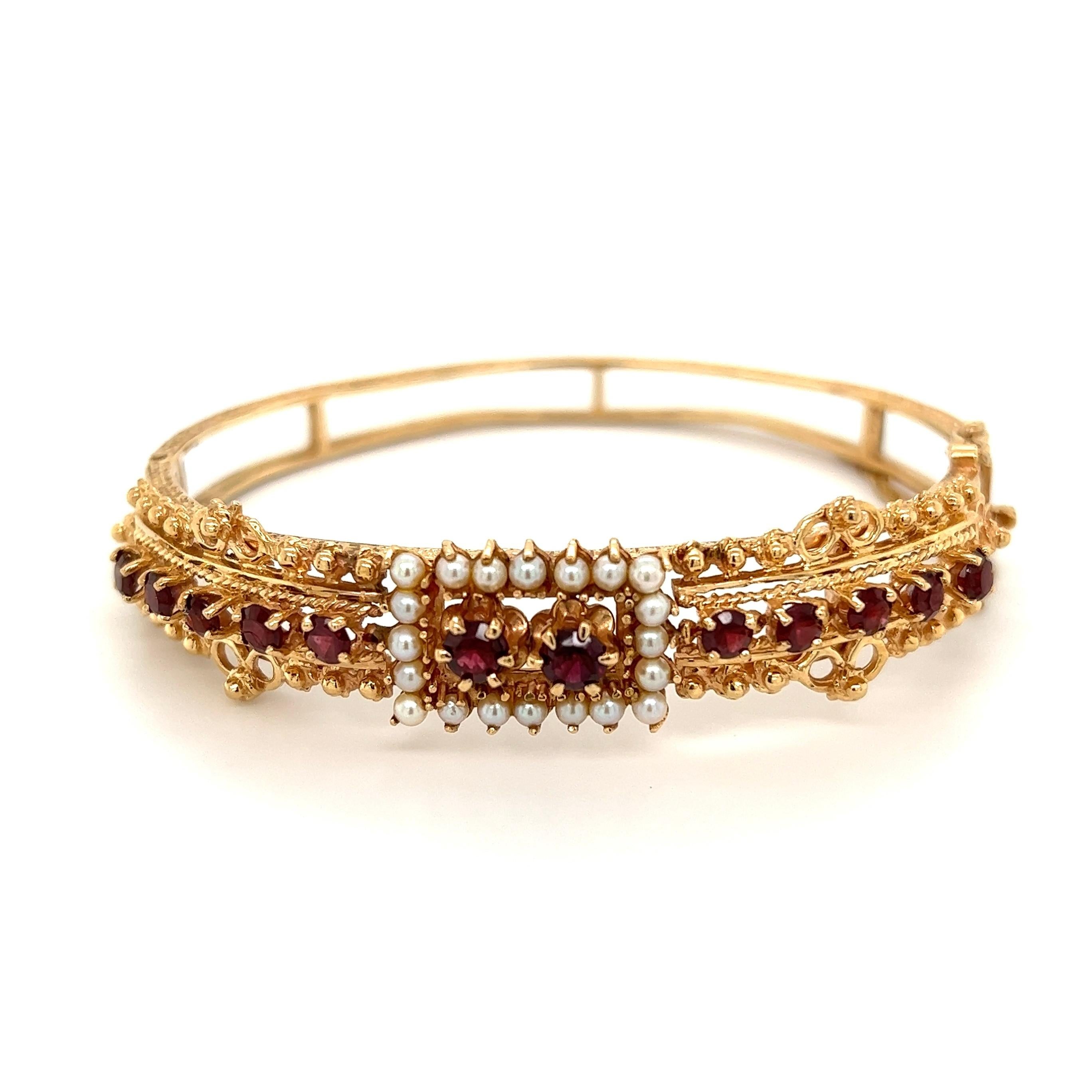 Mixed Cut Garnet and Seed Pearl Victorian Revival Gold Cuff Bangle Bracelet For Sale