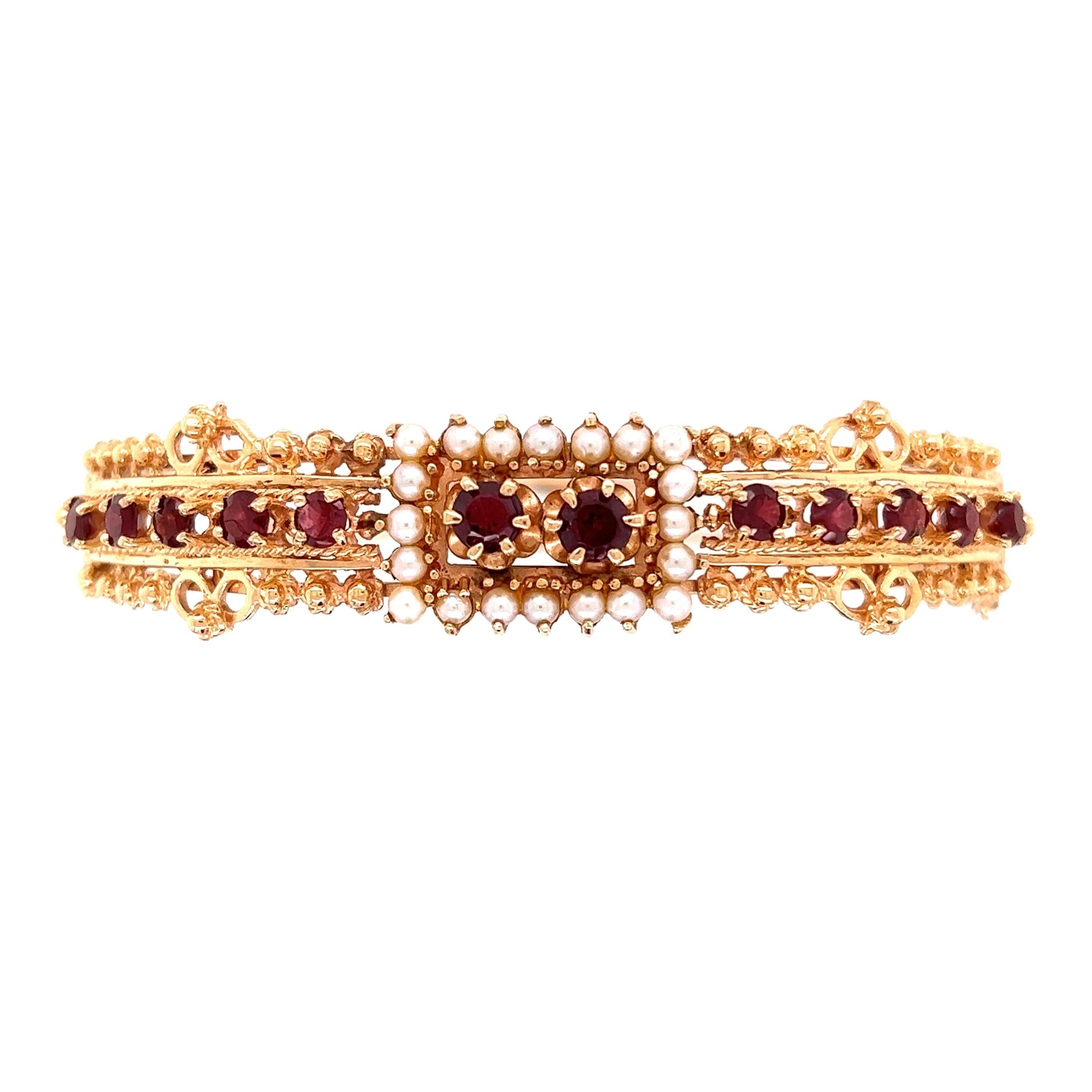 Women's Garnet and Seed Pearl Victorian Revival Gold Cuff Bangle Bracelet For Sale