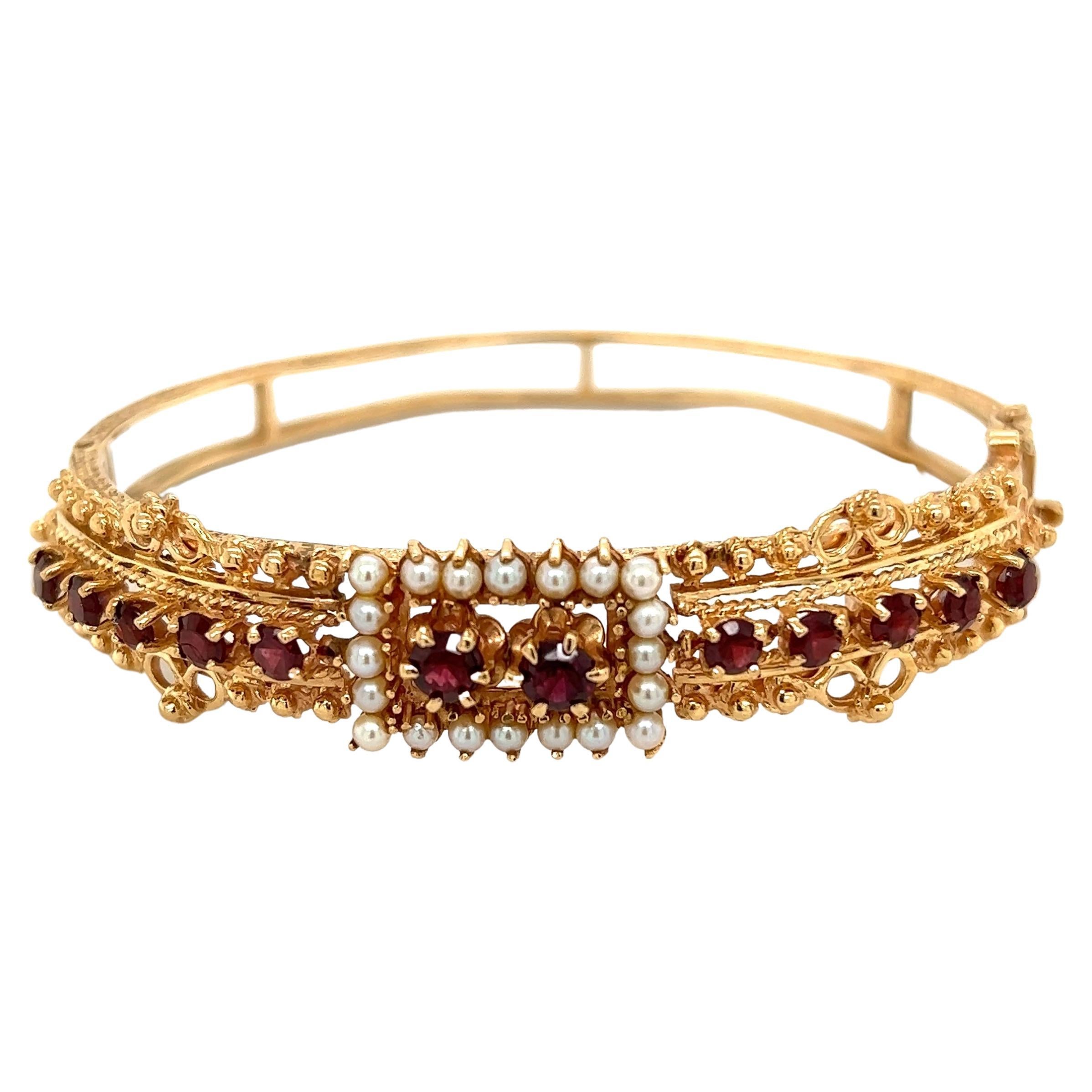Garnet and Seed Pearl Victorian Revival Gold Cuff Bangle Bracelet For Sale