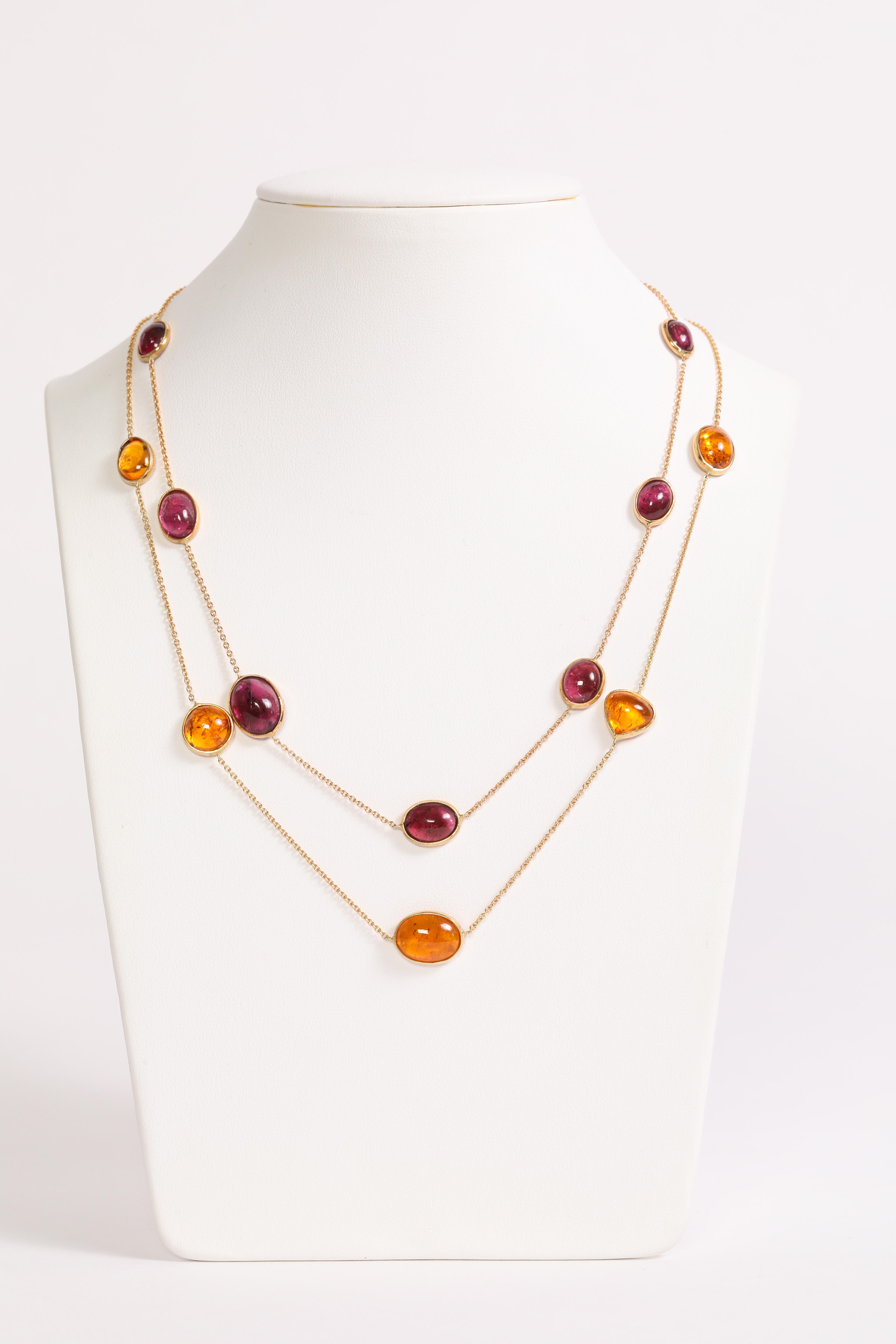 Contemporary Two Yellow Gold Chain Necklaces Set With Garnet and Tourmaline by Marion Jeantet