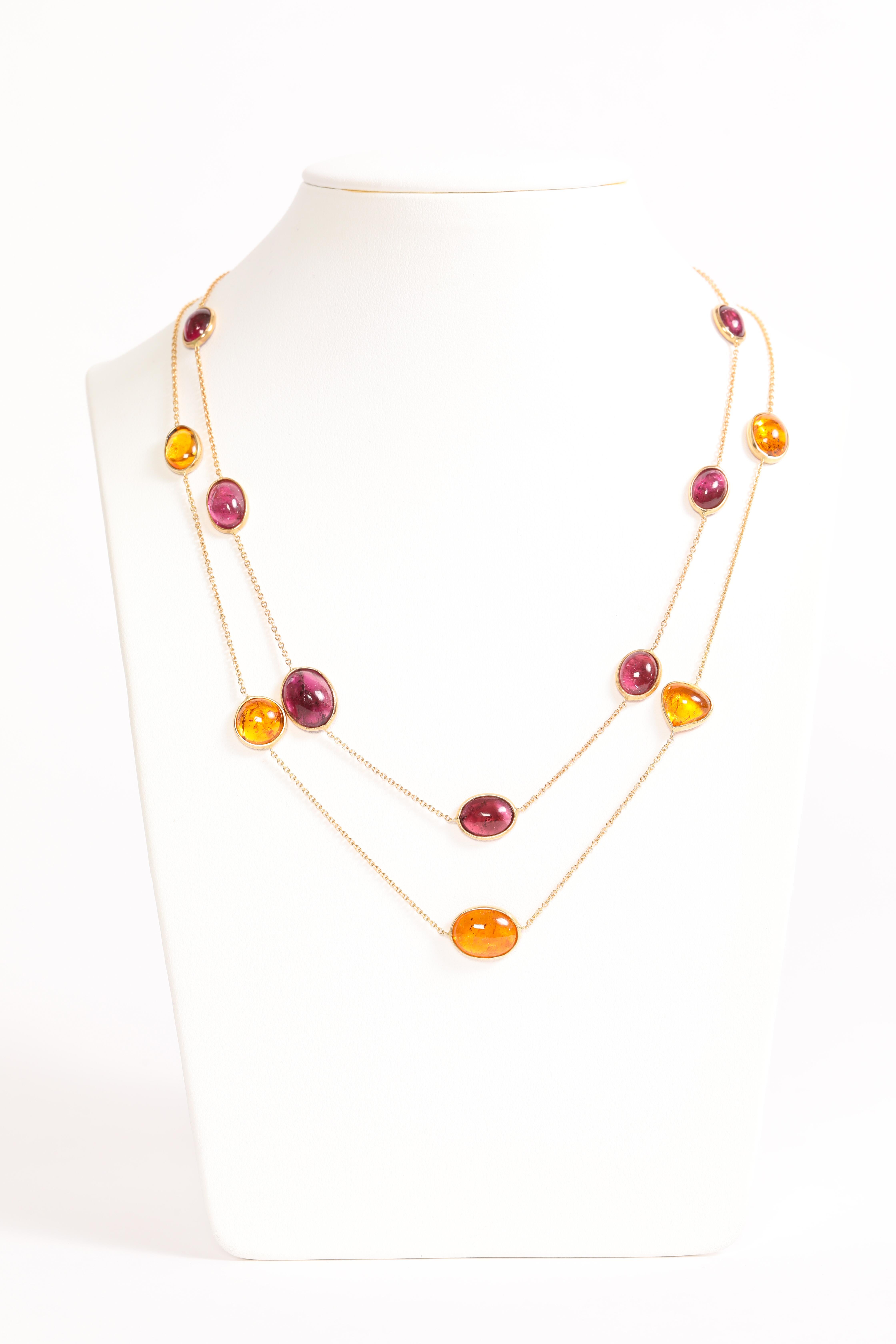 Two Yellow Gold Chain Necklaces Set With Garnet and Tourmaline by Marion Jeantet In New Condition In Paris, FR