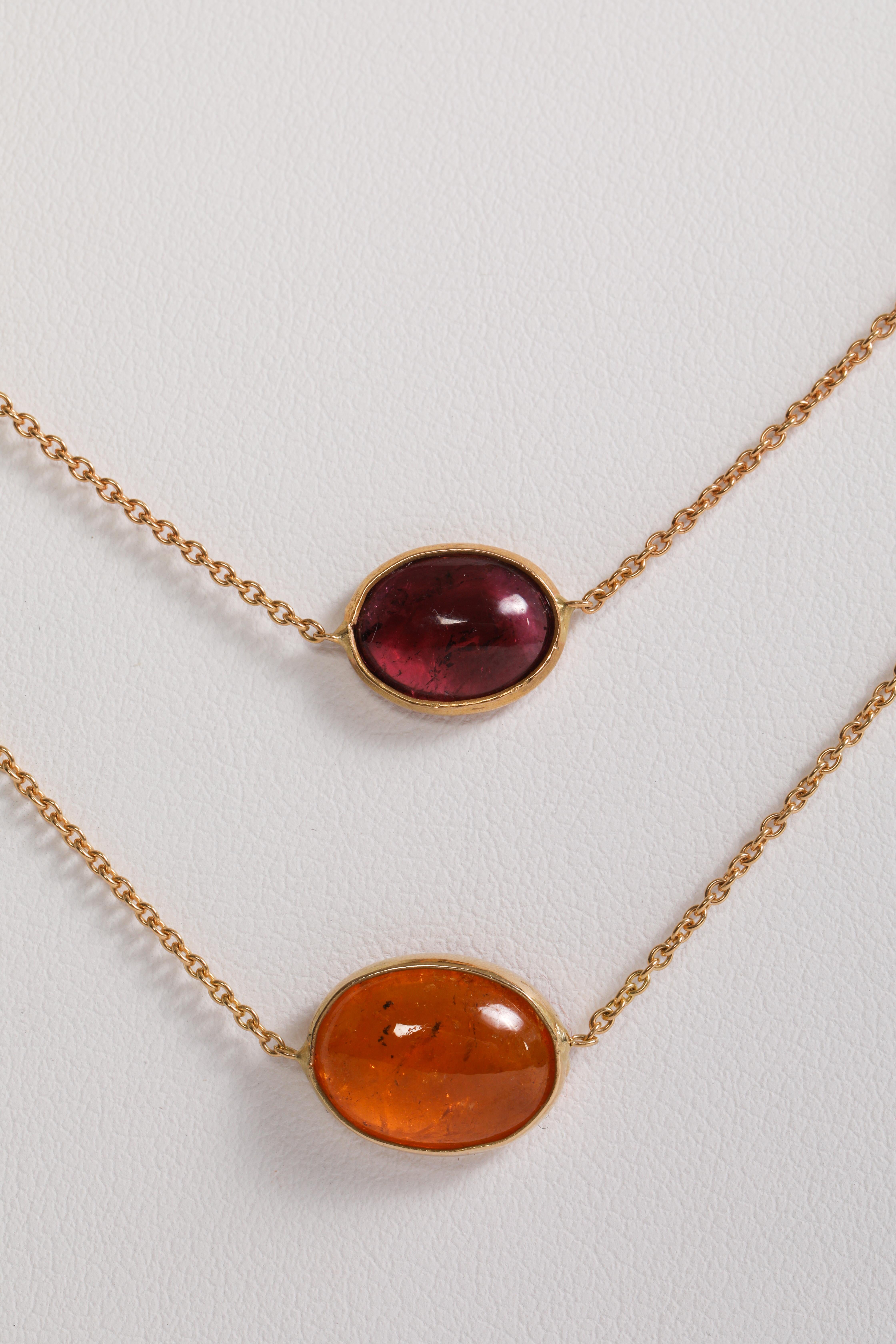 Women's or Men's Two Yellow Gold Chain Necklaces Set With Garnet and Tourmaline by Marion Jeantet