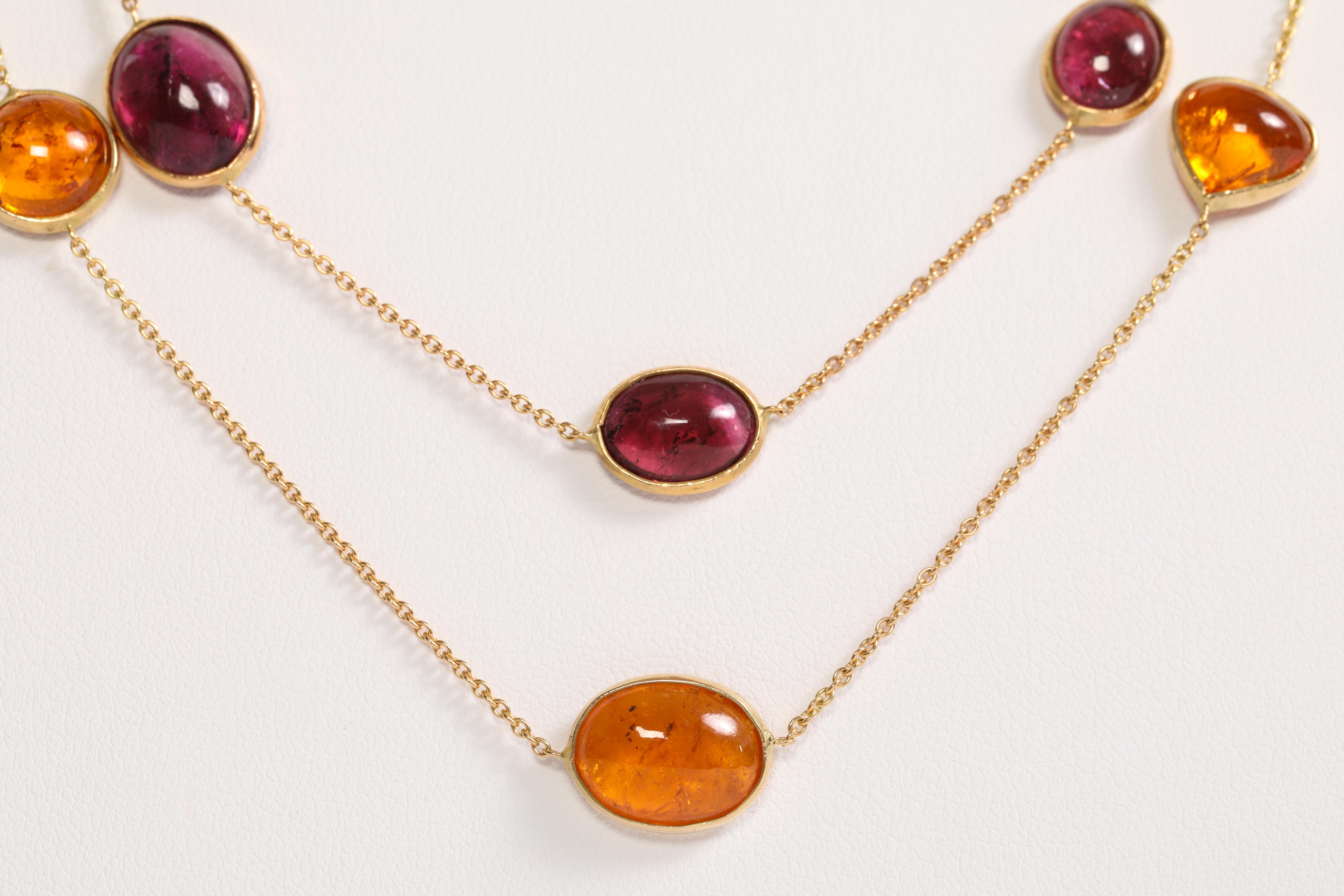 Two Yellow Gold Chain Necklaces Set With Garnet and Tourmaline by Marion Jeantet 1