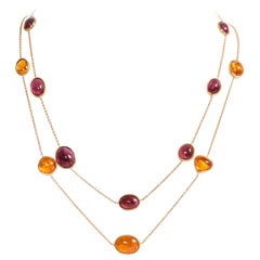 Two Yellow Gold Chain Necklaces Set With Garnet and Tourmaline by Marion Jeantet