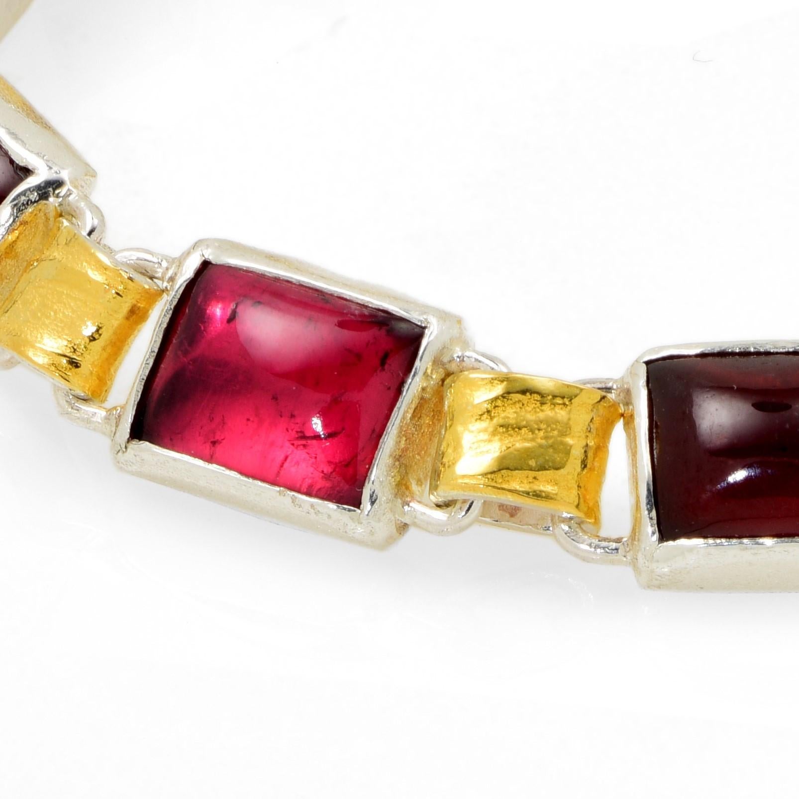 Cabochon Garnet and Tourmaline Link Bracelet in 22 Karat Yellow Gold and Silver