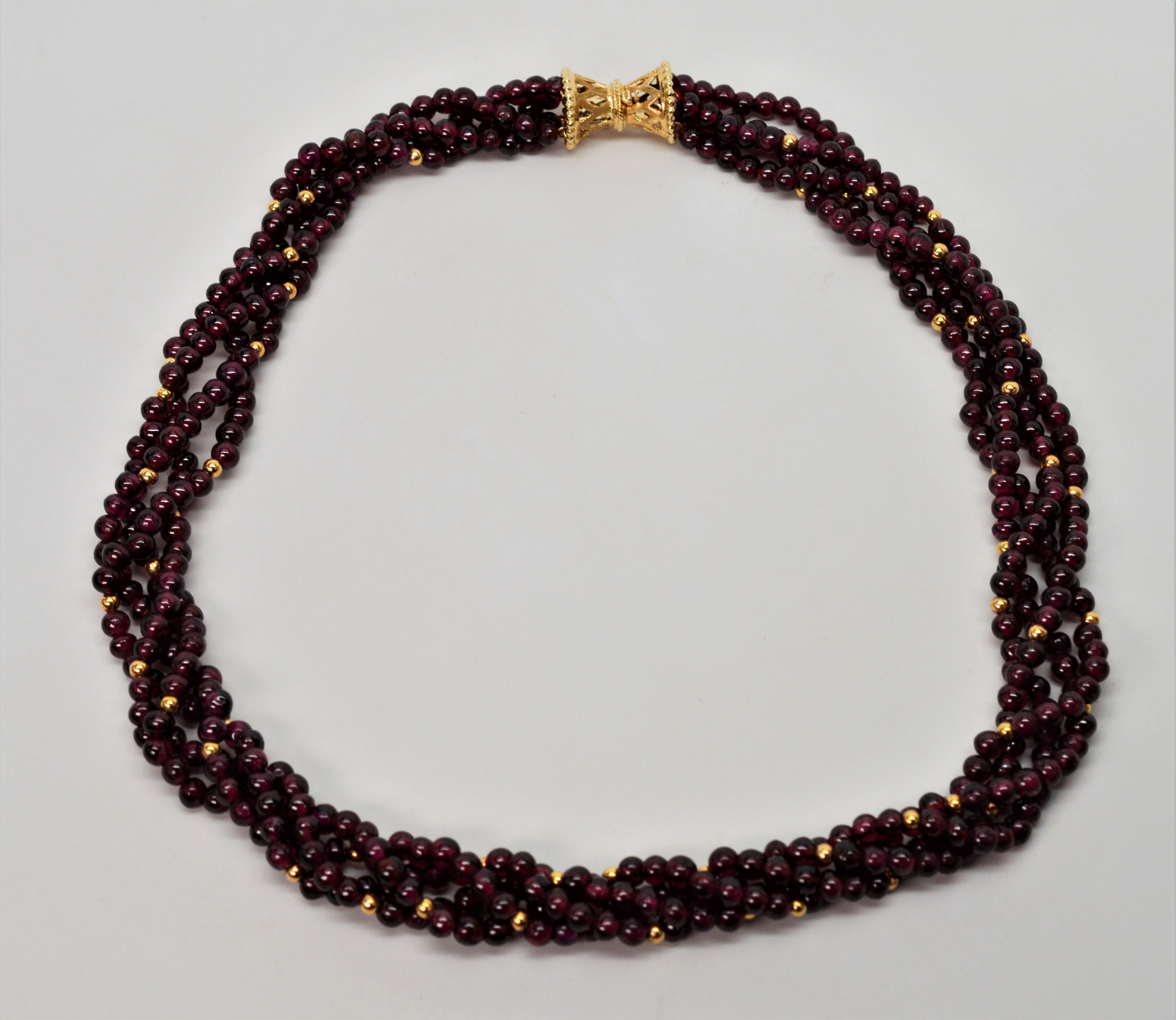 Garnet Bead Multi Strand Necklace with Fancy Yellow Gold Filigree Clasp 3