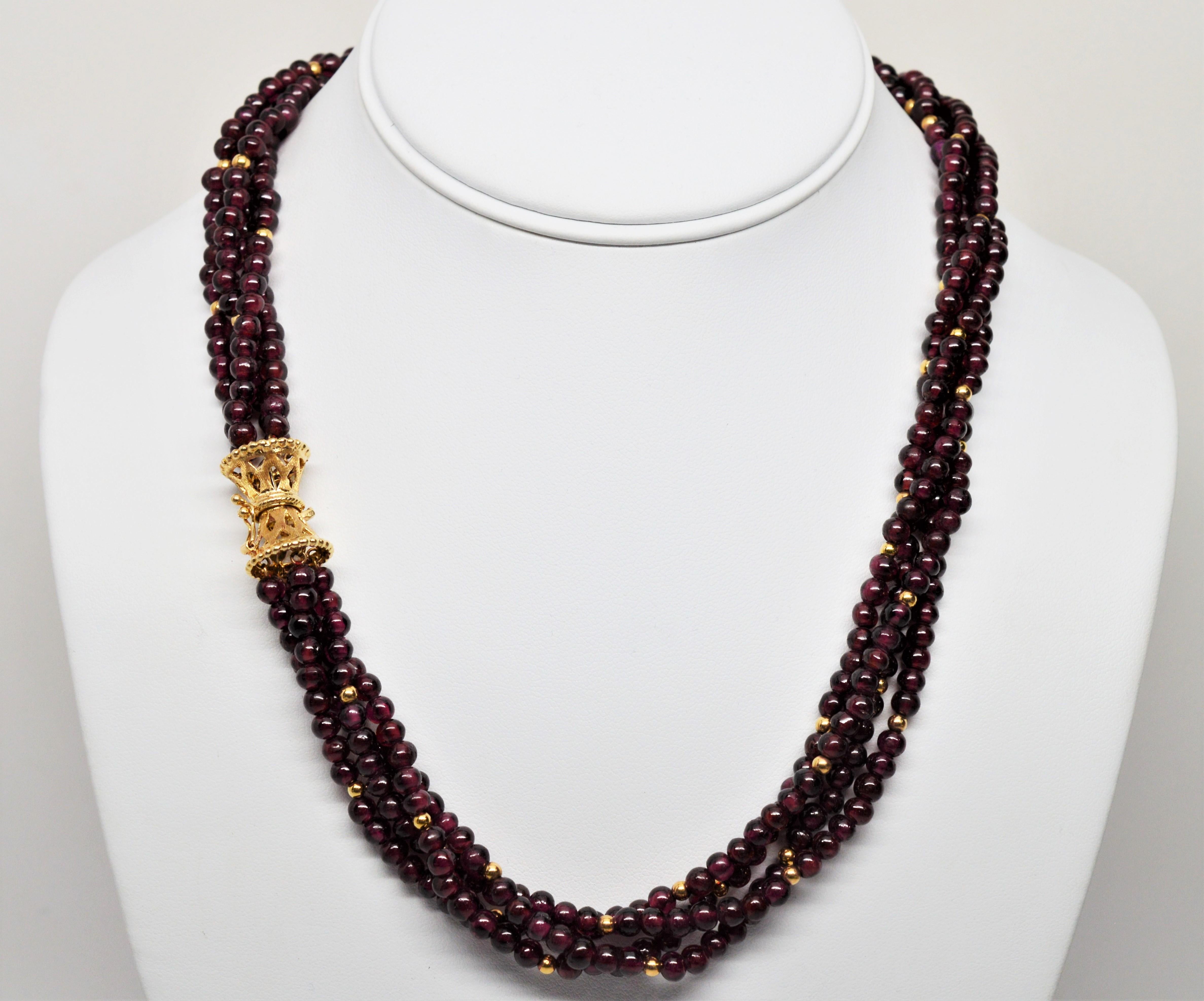 Garnet Bead Multi Strand Necklace with Fancy Yellow Gold Filigree Clasp 4