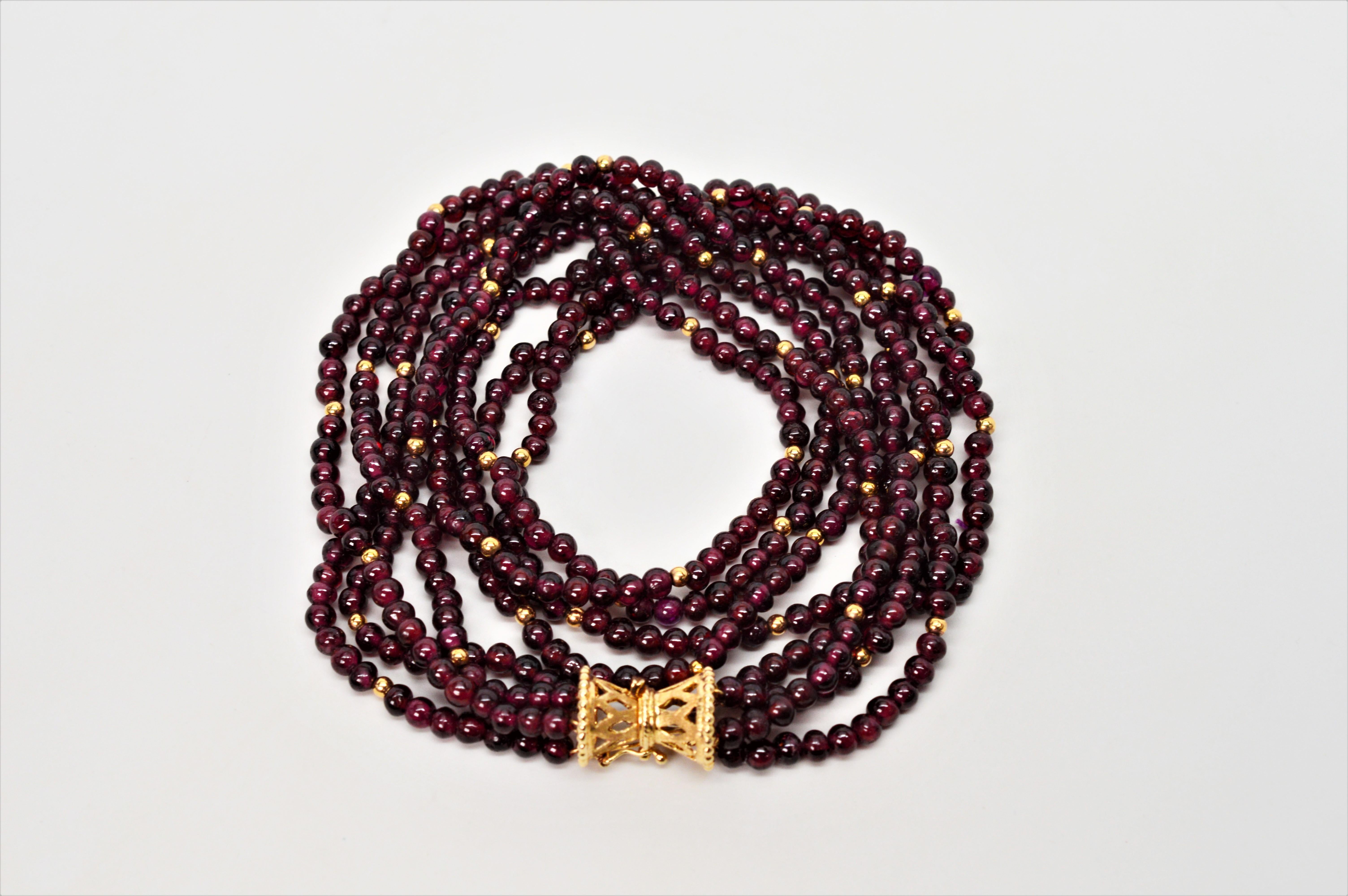 Garnet Bead Multi Strand Necklace with Fancy Yellow Gold Filigree Clasp In New Condition In Mount Kisco, NY