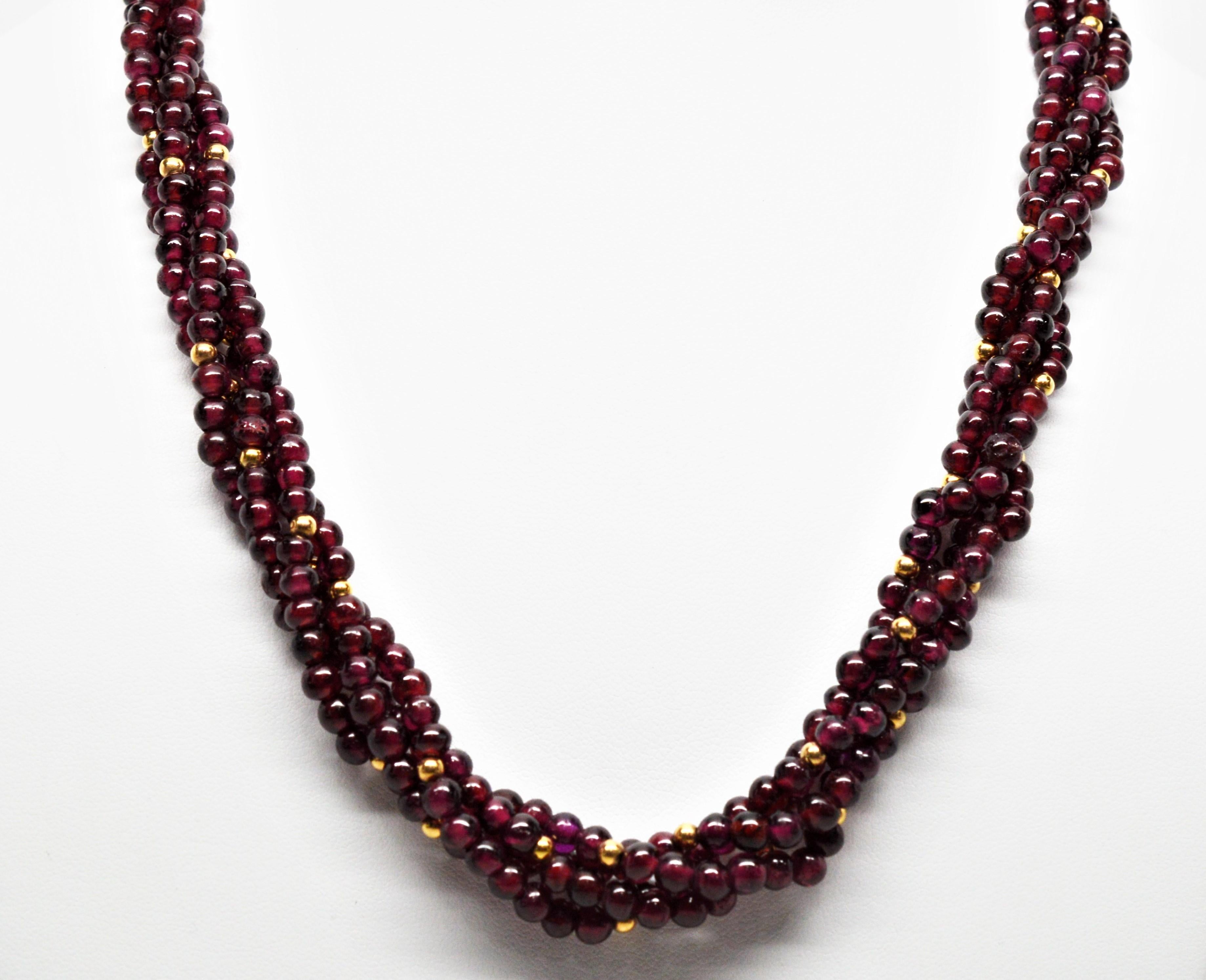 Women's Garnet Bead Multi Strand Necklace with Fancy Yellow Gold Filigree Clasp