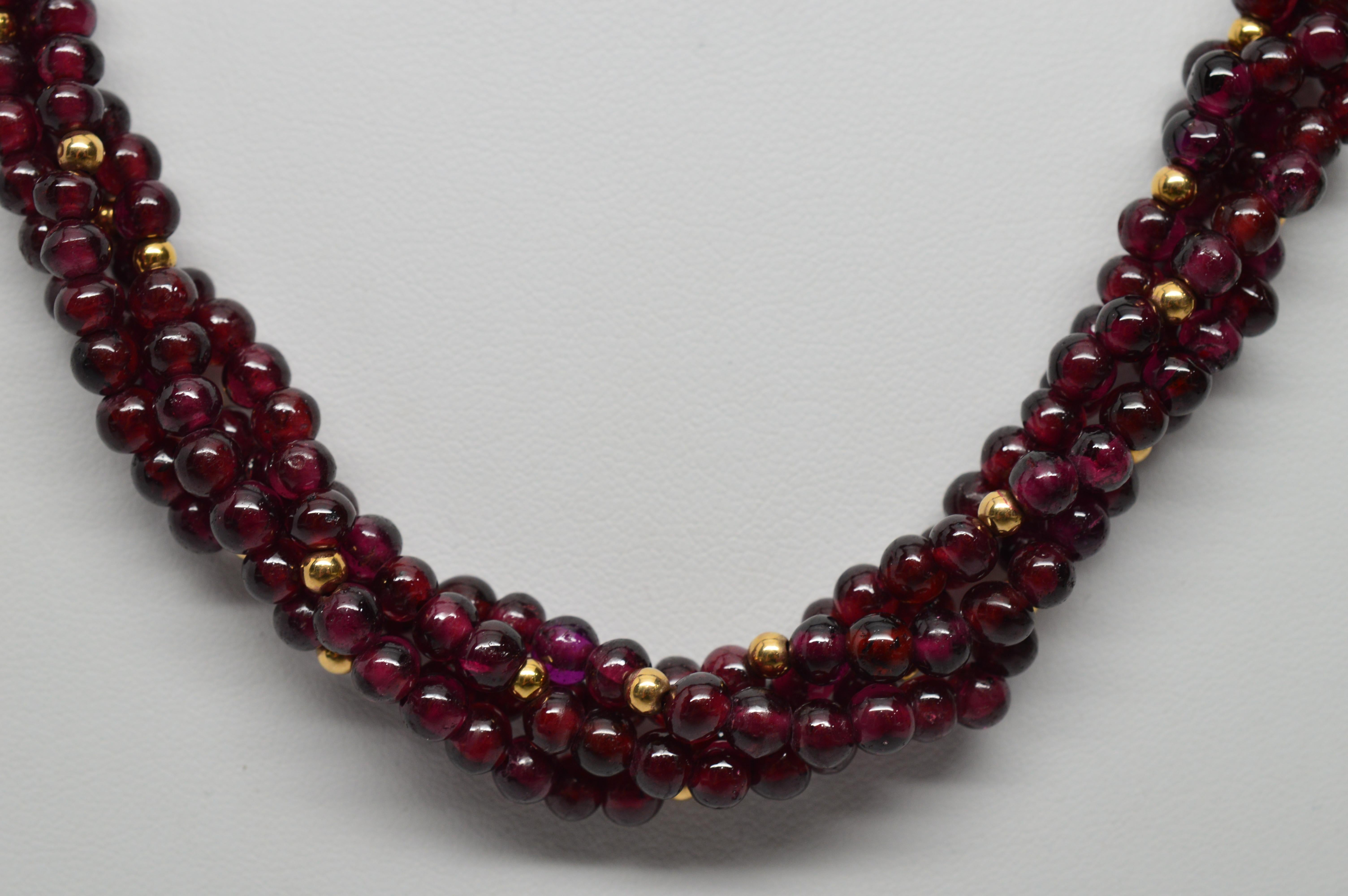 Garnet Bead Multi Strand Necklace with Fancy Yellow Gold Filigree Clasp 1