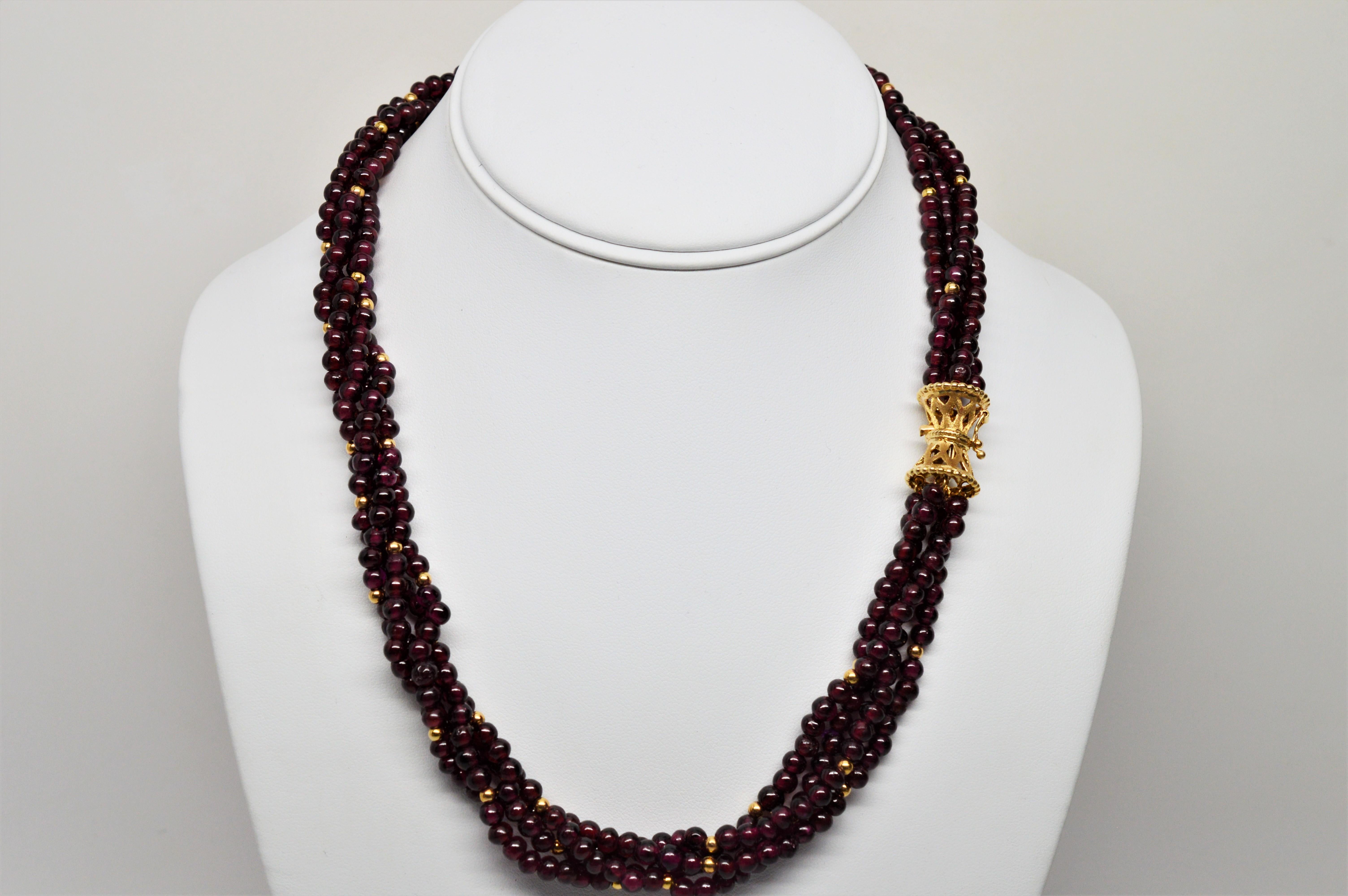 Garnet Bead Multi Strand Necklace with Fancy Yellow Gold Filigree Clasp 2