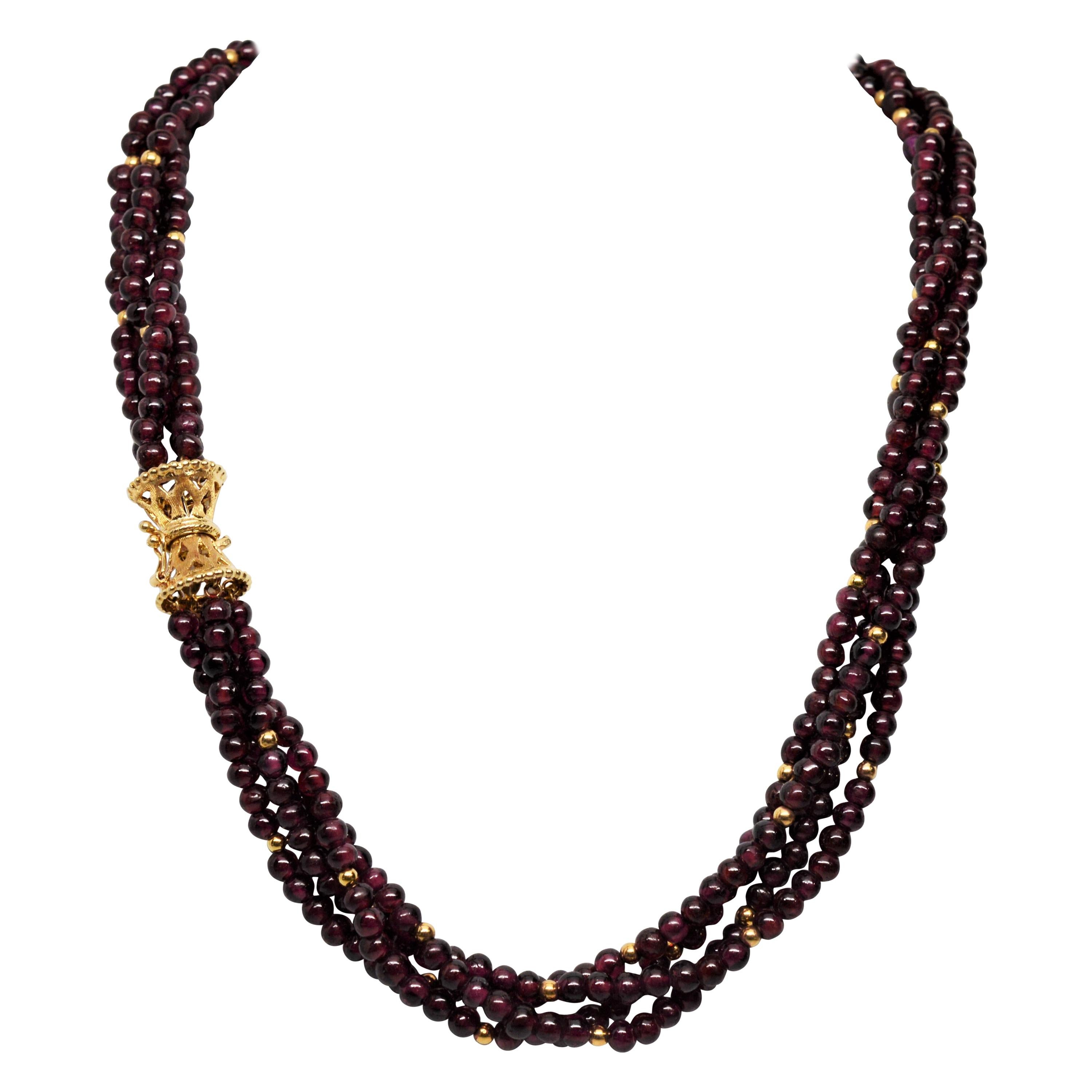 Garnet Bead Multi Strand Necklace with Fancy Yellow Gold Filigree Clasp