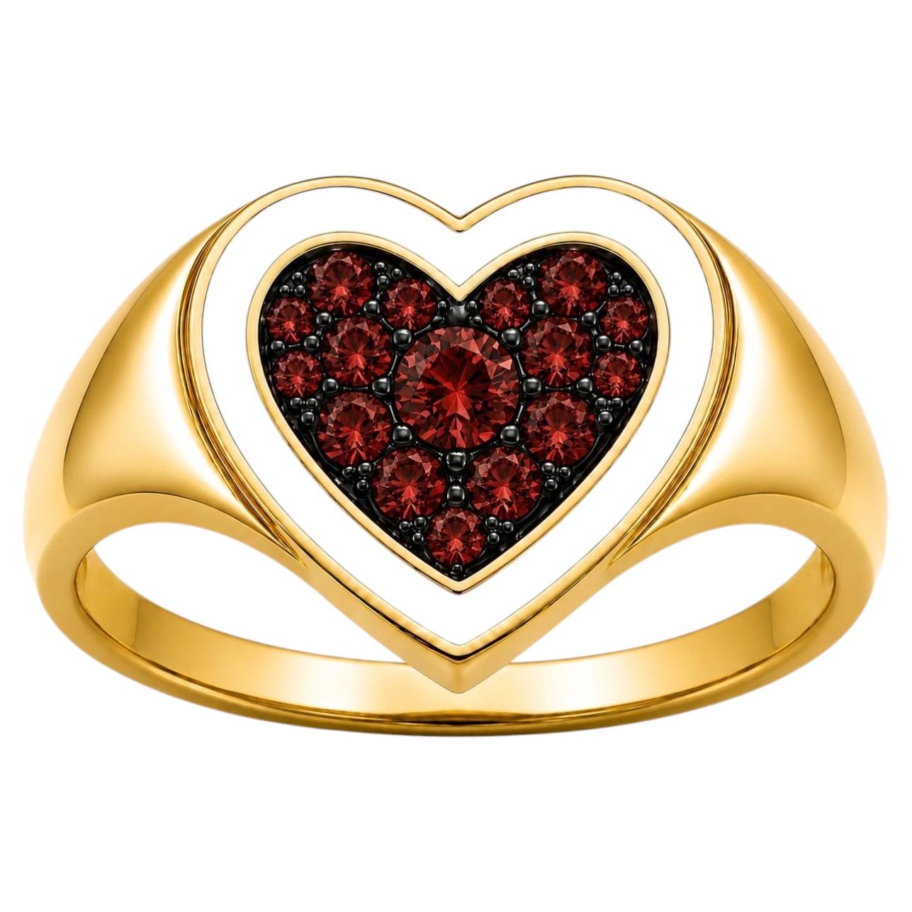 Bague en forme de cœur avec grenat (pierre de naissance), émail blanc, or 14 carats, par Meghna Jewels