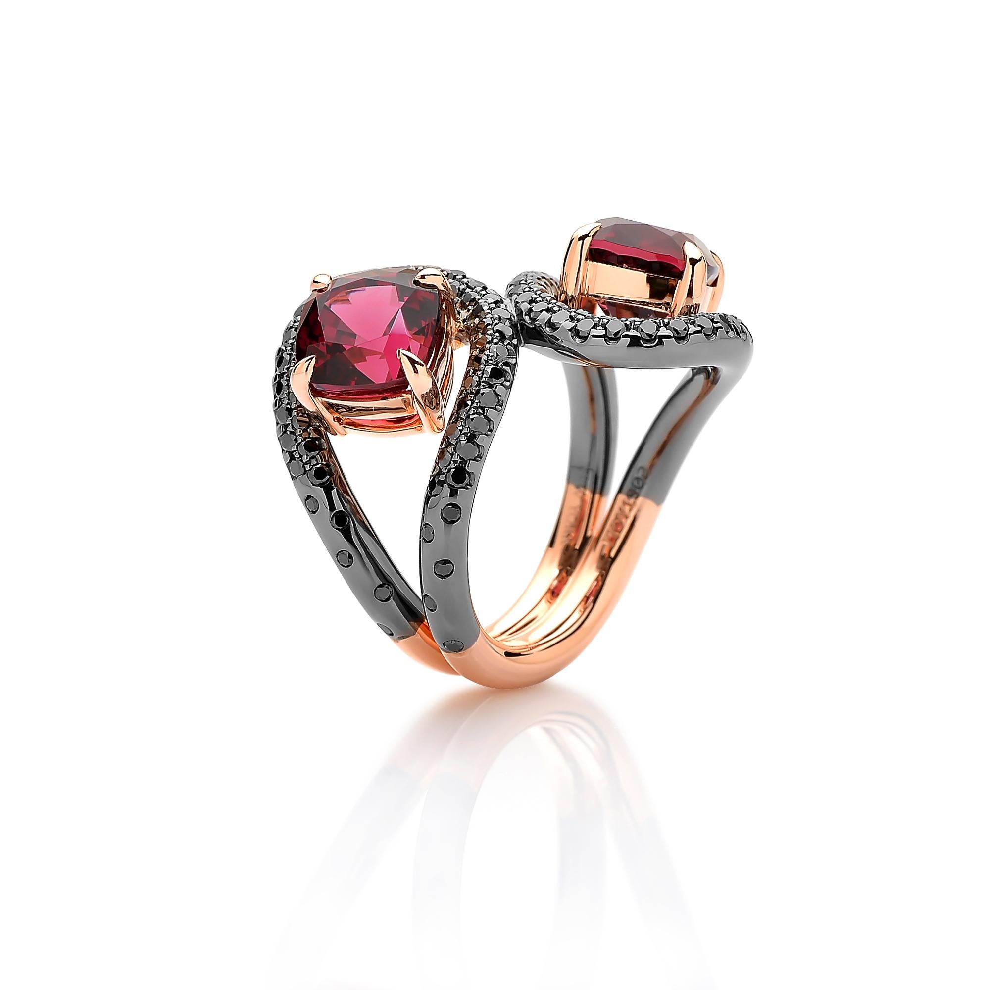 From the 'Intrecci' Collection, one-of-a-kind double cushion cut garnet ring set in 18 karat rose gold with black rhodium finish and pave-set black diamond detailing. 

The beauty is in the details - from the combination of hues, the cut of the