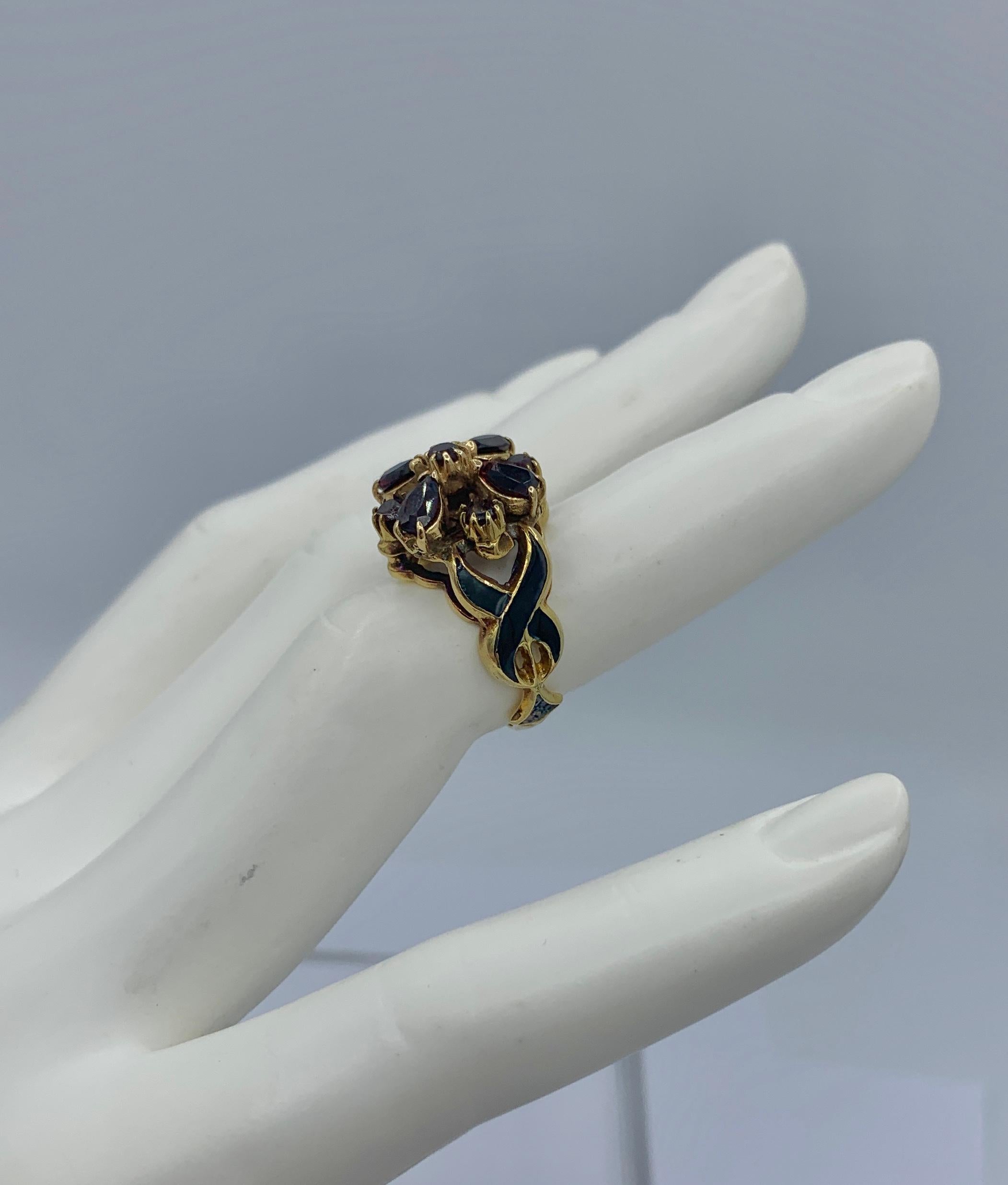 Victorian Garnet Black Enamel Ring 14 Karat Gold Antique Ring For Sale