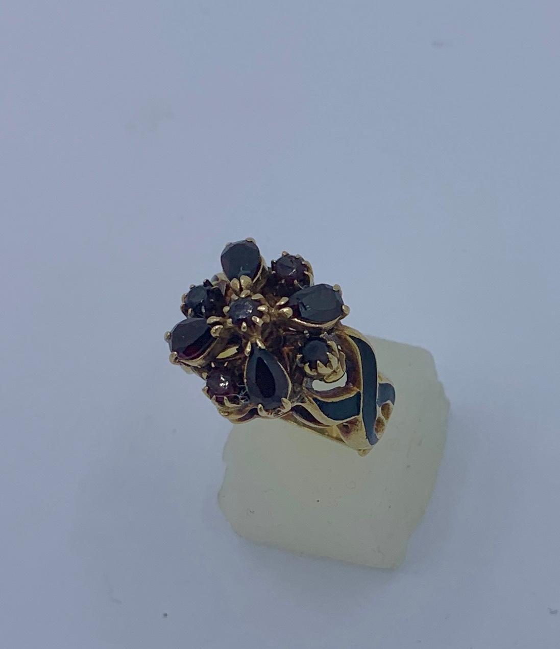 Pear Cut Garnet Black Enamel Ring 14 Karat Gold Antique Ring For Sale