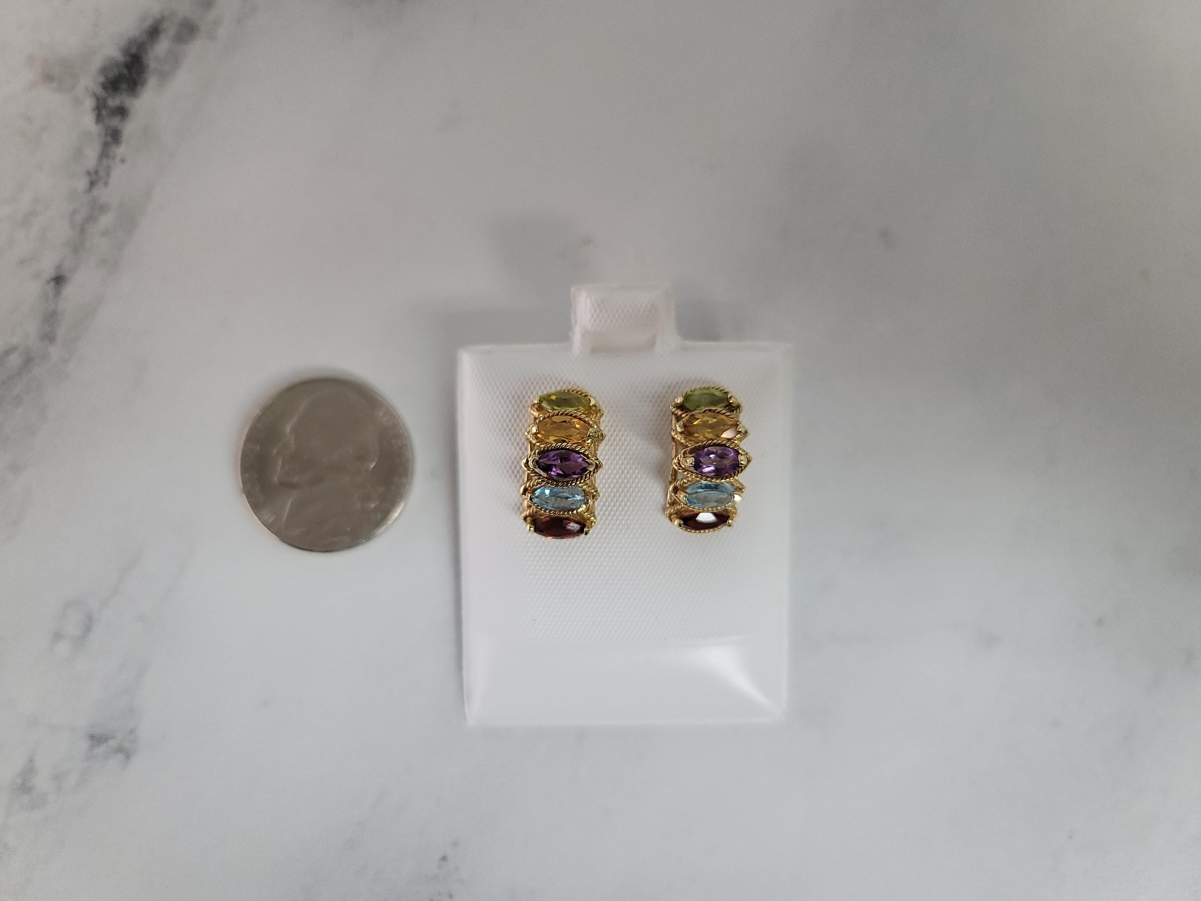 Pendientes Granate, Topacio Azul, Citrino, Amatista y Peridoto Oro Amarillo 14k Corte marquesa