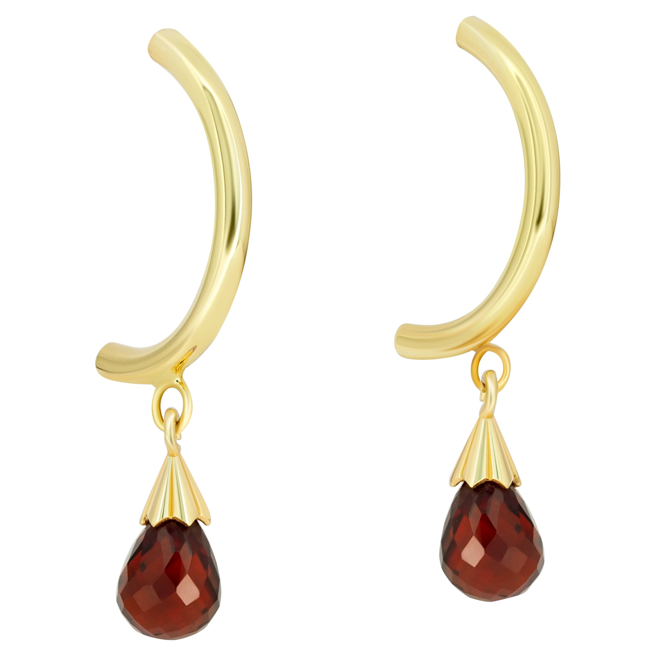 Garnet Briolette Drop Hoop Post Earrings in Yellow 14k Gold For Sale