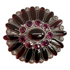 Garnet Cabochon Austro-Hungarian Brooch Pin Renaissance Revival Antique Flower