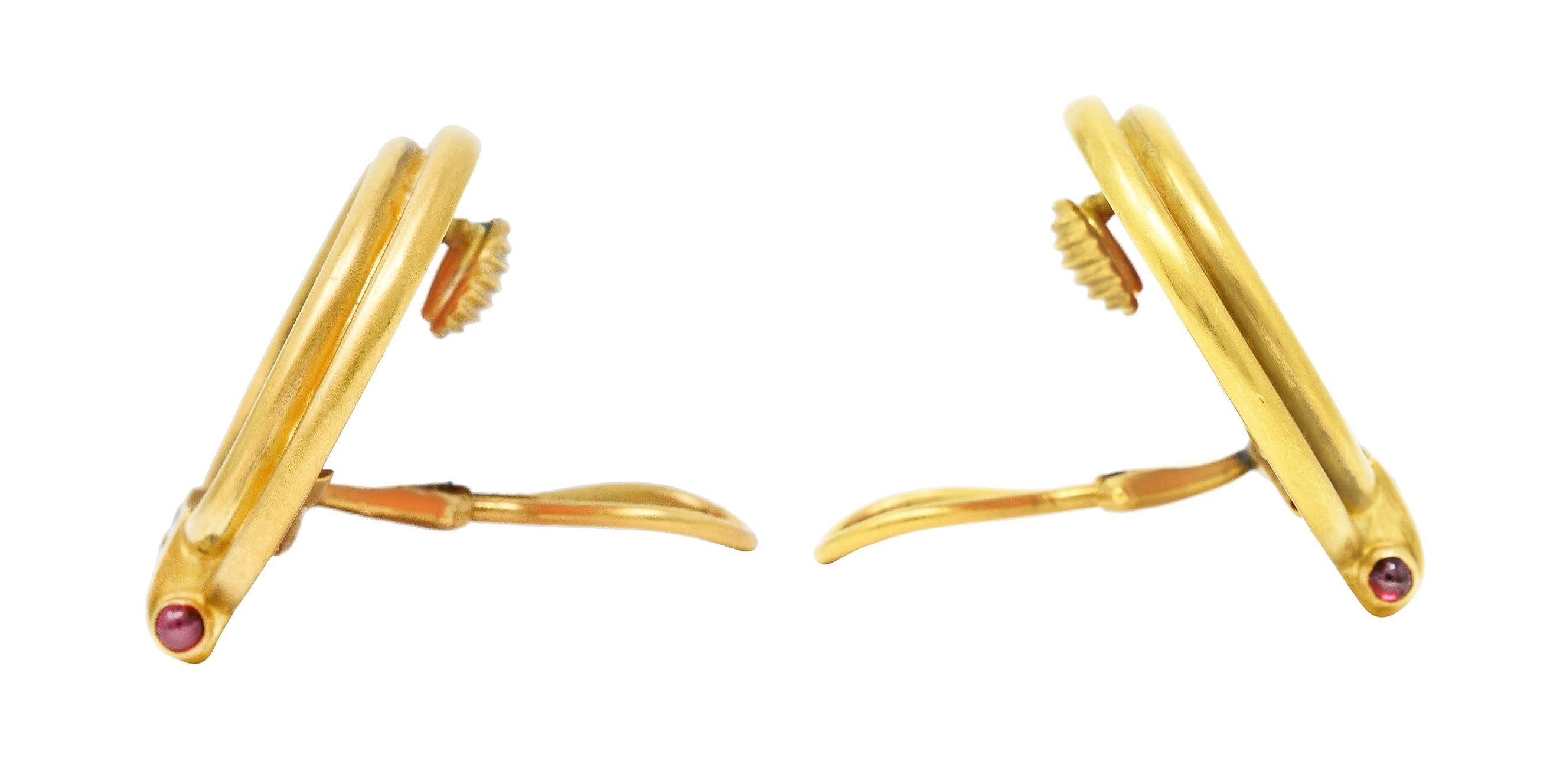 Emerald Cut Garnet Carved Glass Cameo 18 Karat Yellow Gold Ancient Coin Ear-Clip Earrings