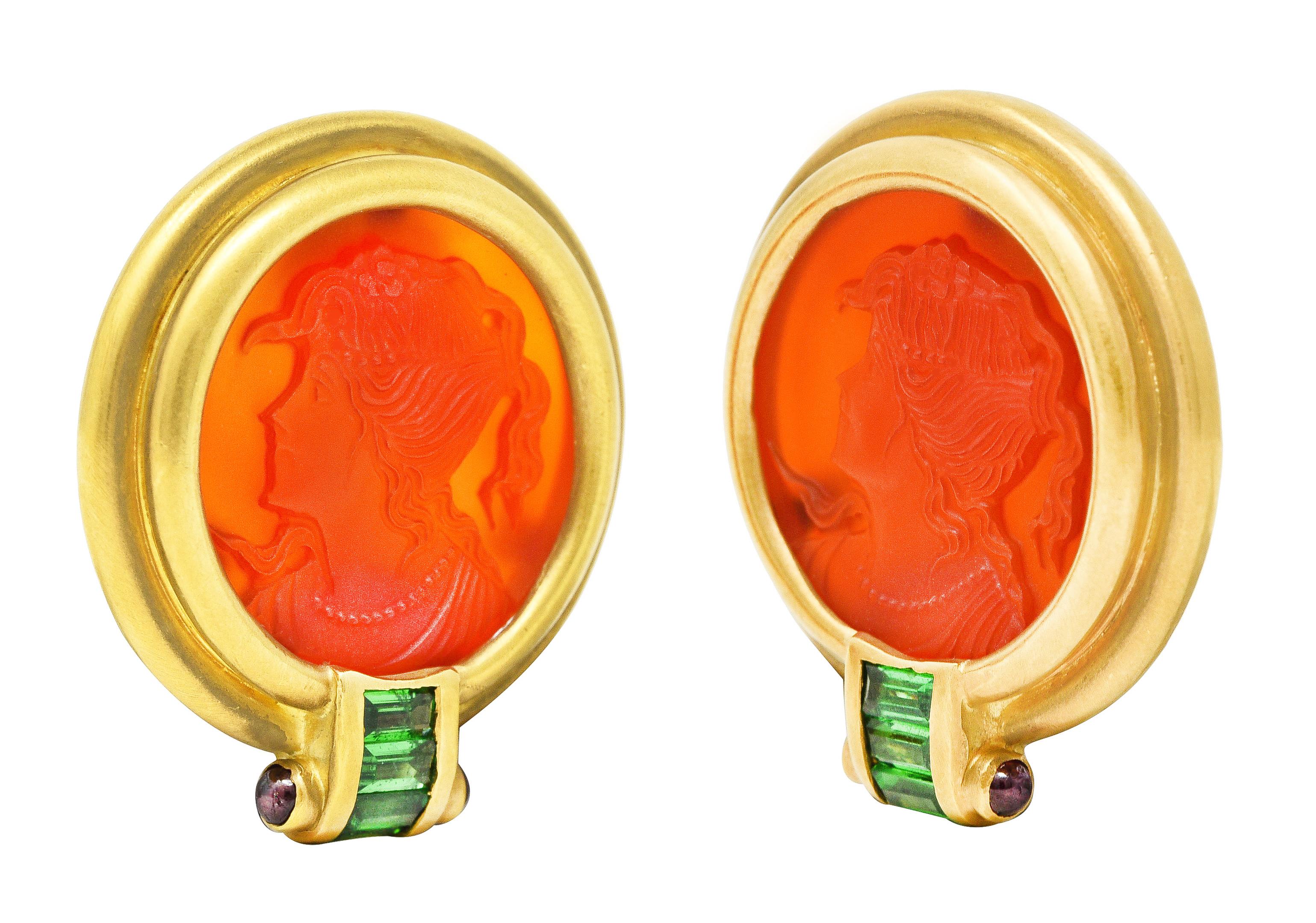 Women's or Men's Garnet Carved Glass Cameo 18 Karat Yellow Gold Ancient Coin Ear-Clip Earrings