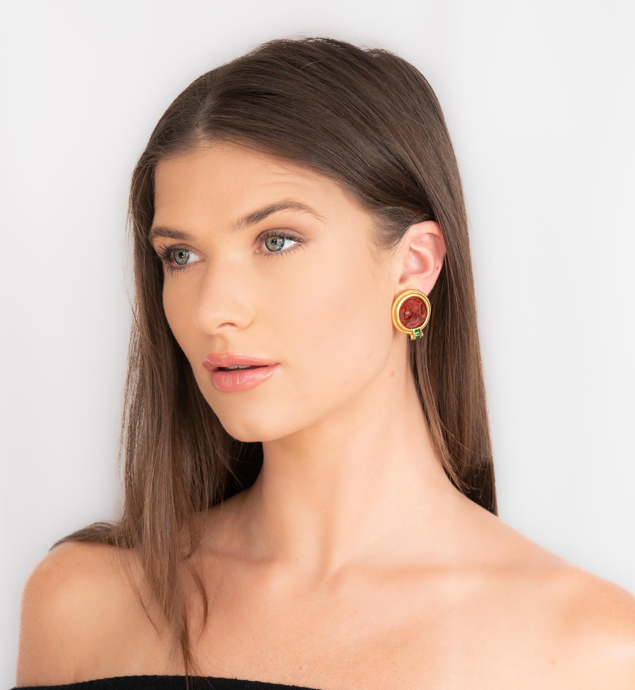 Garnet Carved Glass Cameo 18 Karat Yellow Gold Ancient Coin Ear-Clip Earrings 1