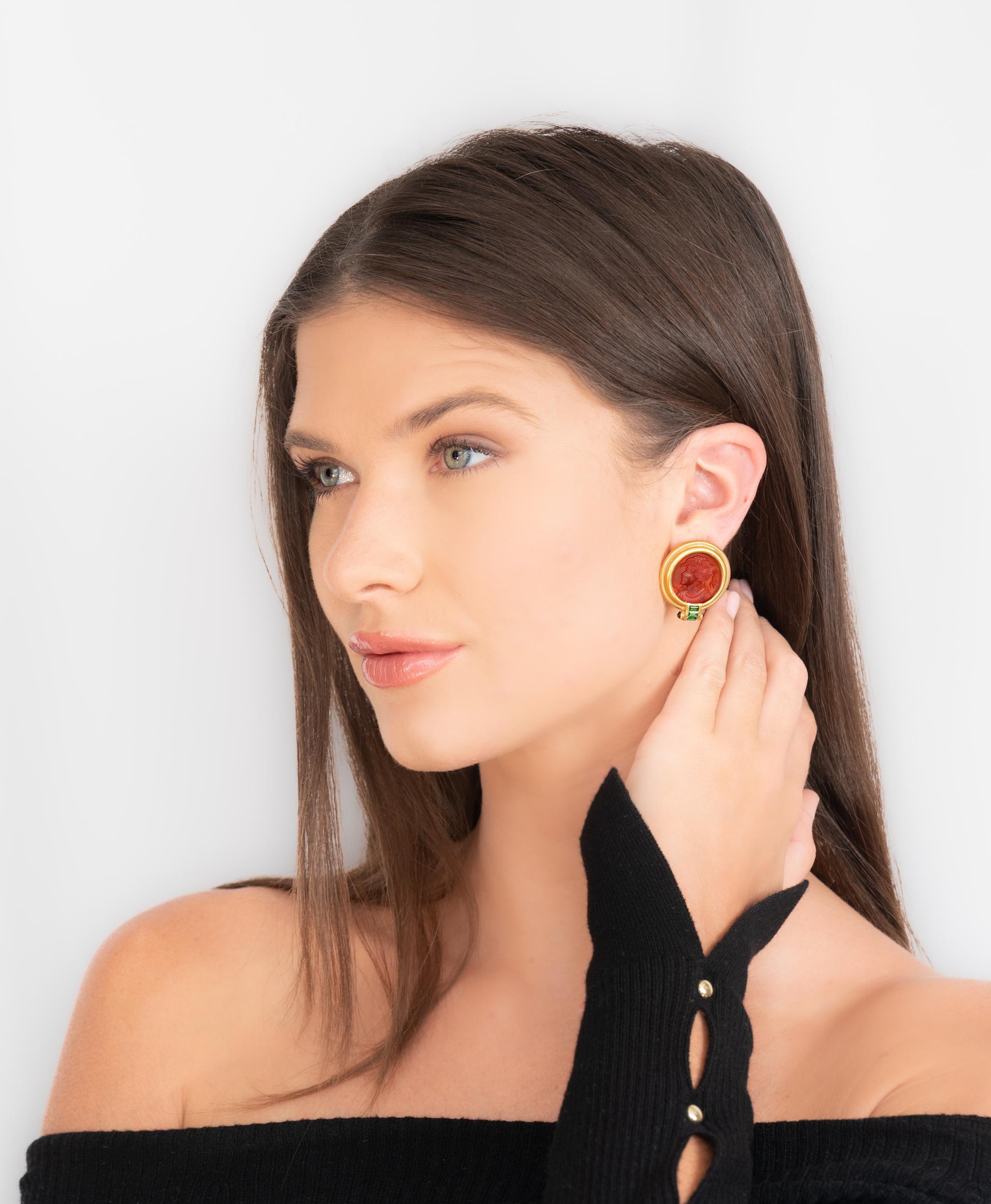 Garnet Carved Glass Cameo 18 Karat Yellow Gold Ancient Coin Ear-Clip Earrings 2