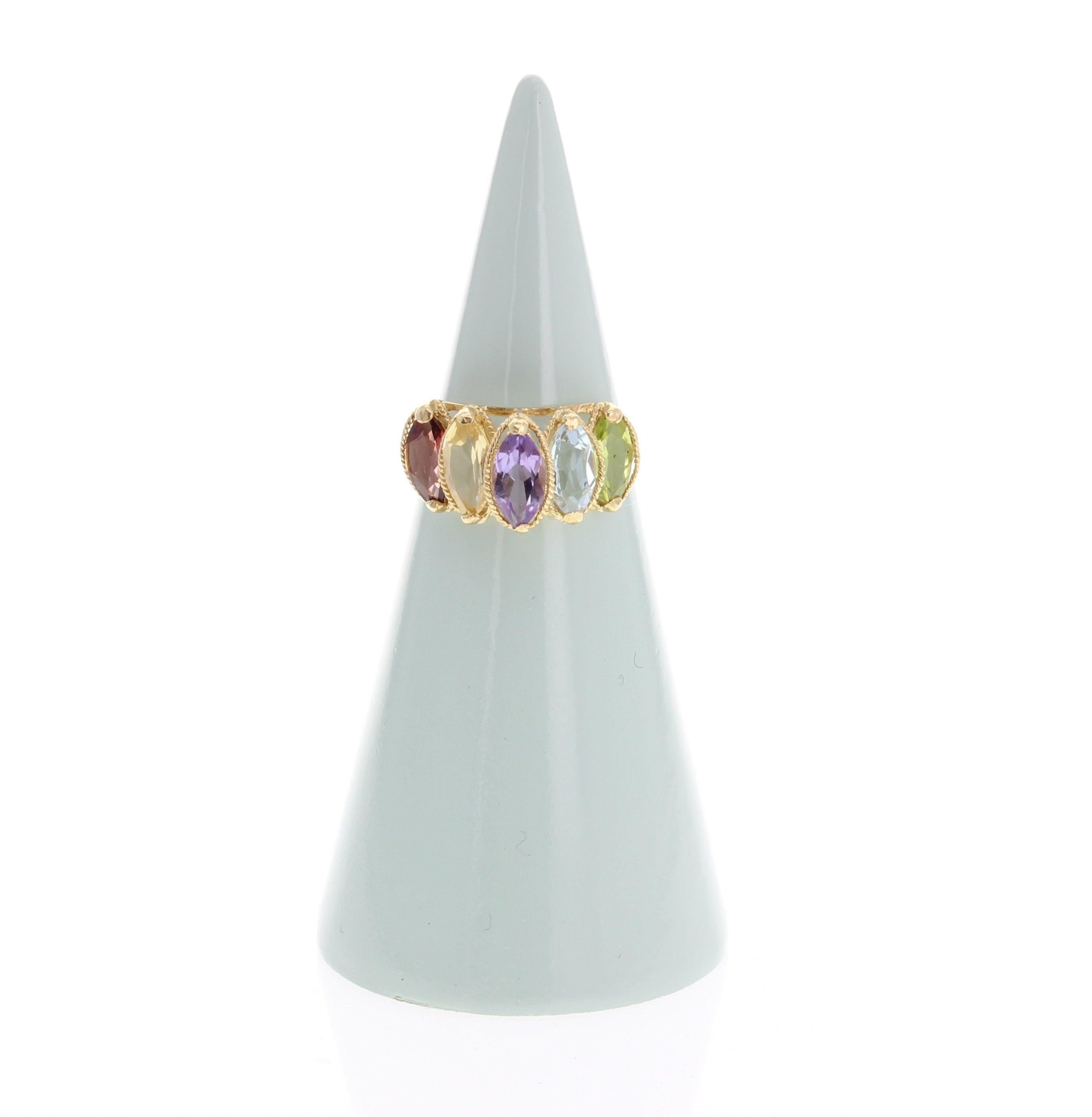 Taille Marquise Bague en or jaune 14k grenat, citrine, améthyste, aigue-marine et péridot en vente