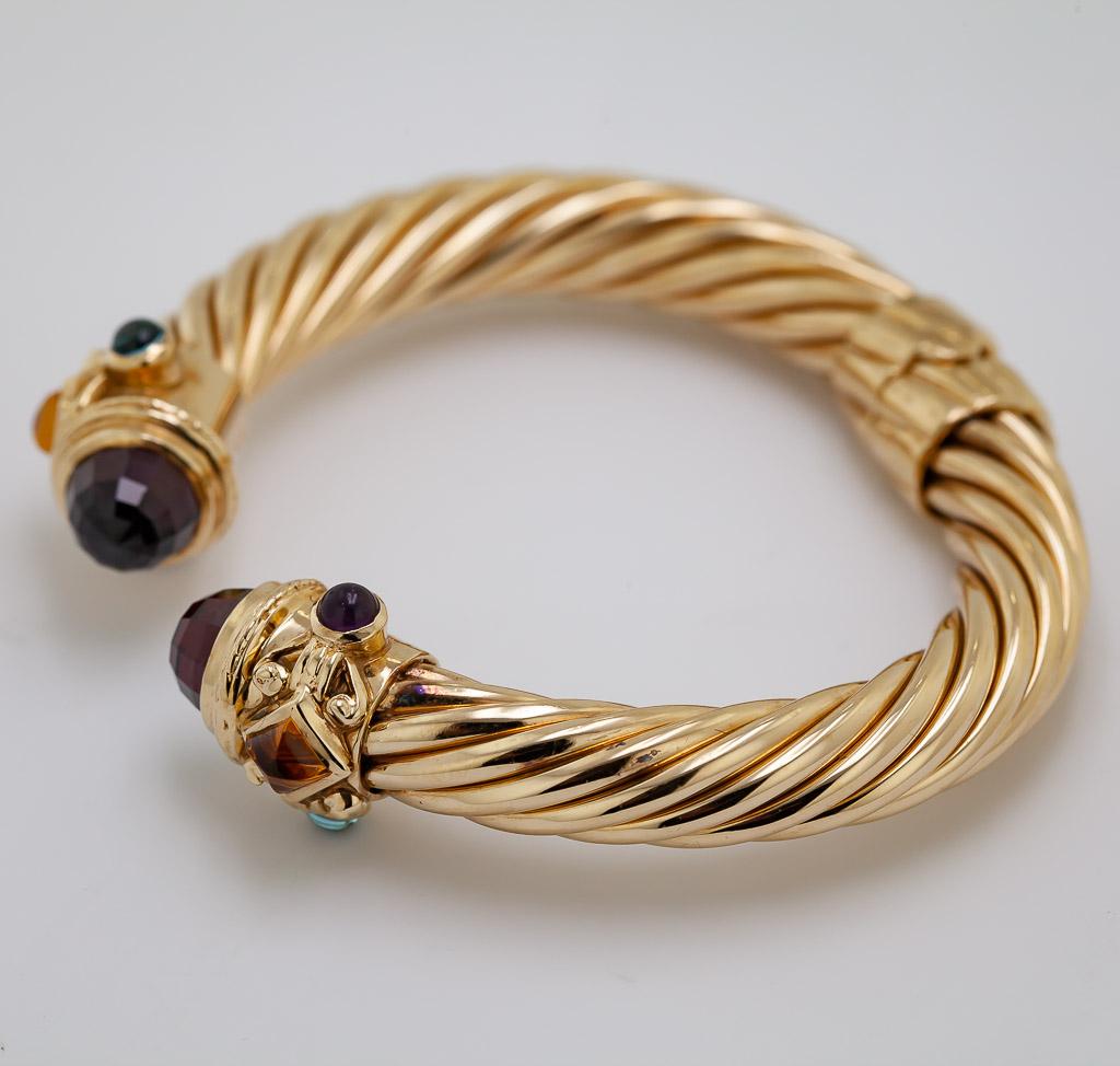 Garnet, Citrine, Amethyst, Blue Topaz, Cable Twist Hinged Cuff In Excellent Condition For Sale In Pleasant Hill, CA