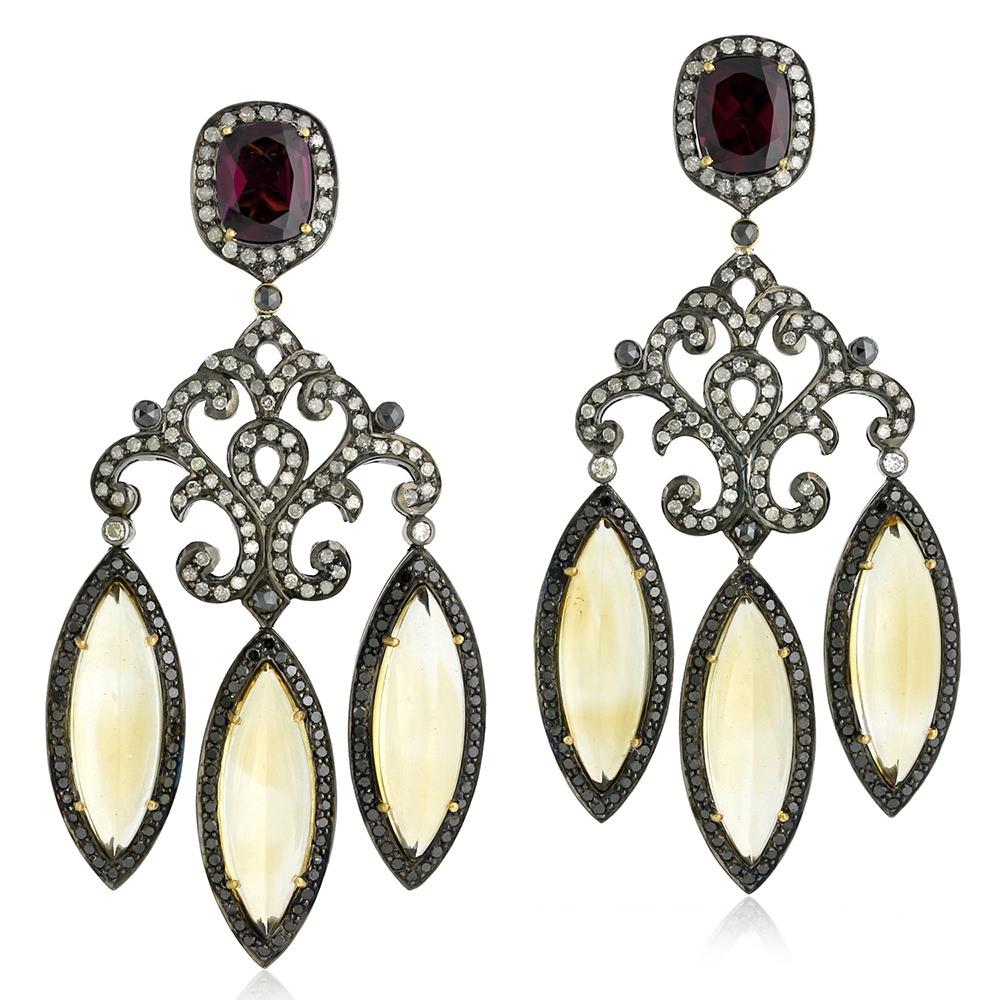 Granat-Citrin-Kronleuchter-Ohrring mit Diamanten (Art nouveau) im Angebot