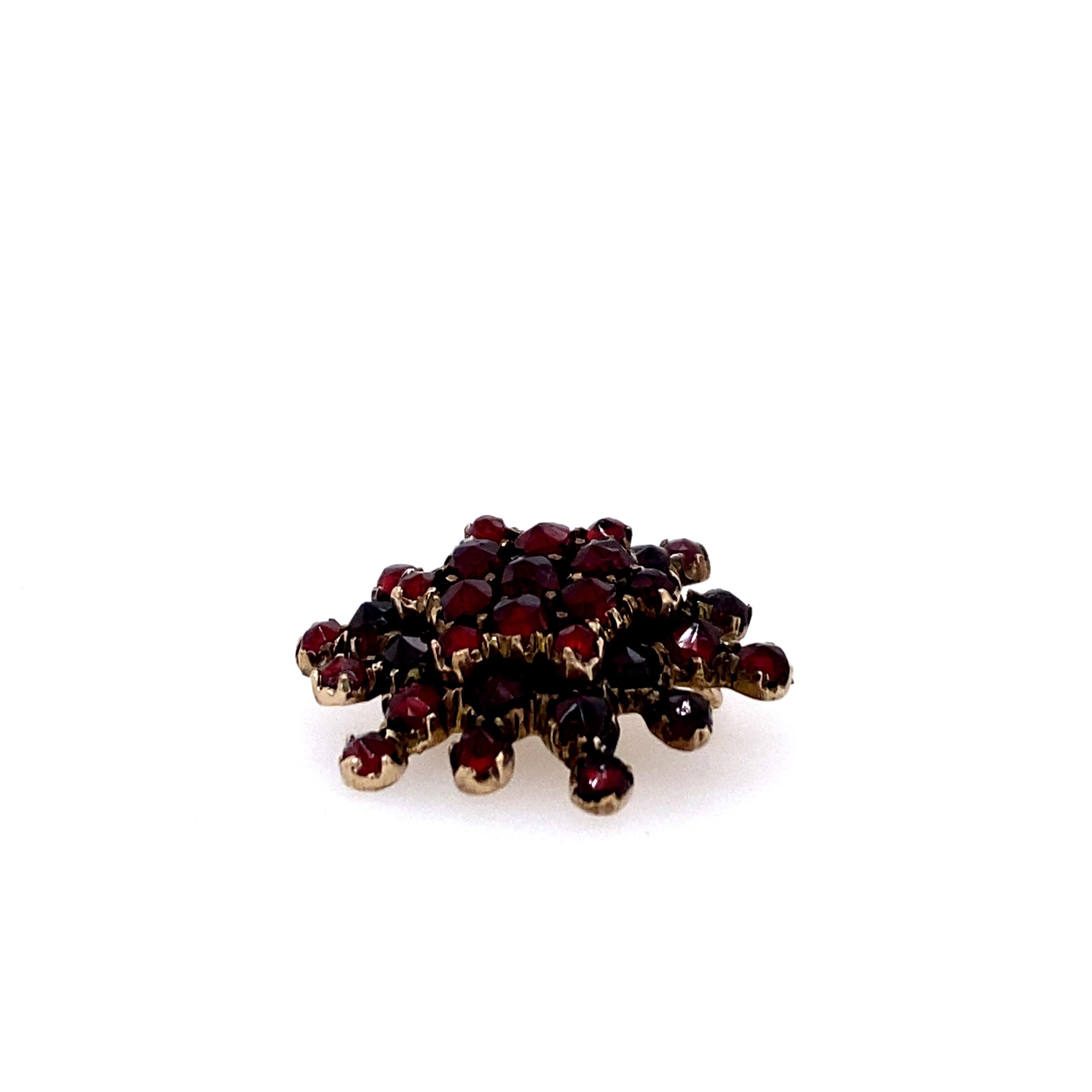 One sterling silver gold filled garnet cluster pin set with twenty-seven round garnets in a starburst setting complete with a traditional pin clasp.  Circa 1910.