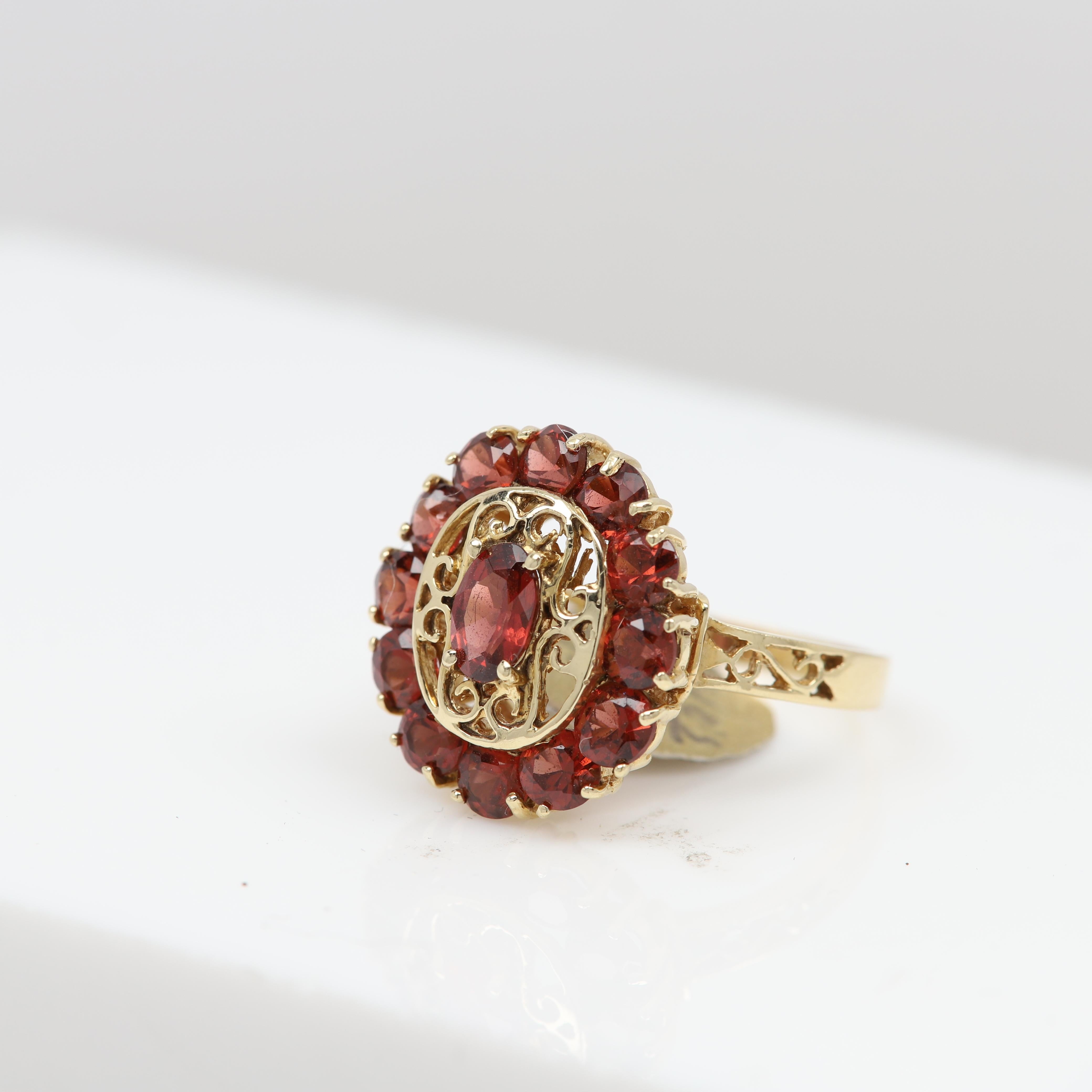 Garnet Cocktail Ring 14 Karat Yellow Gold Large Cluster Fashion Ring For Sale 3