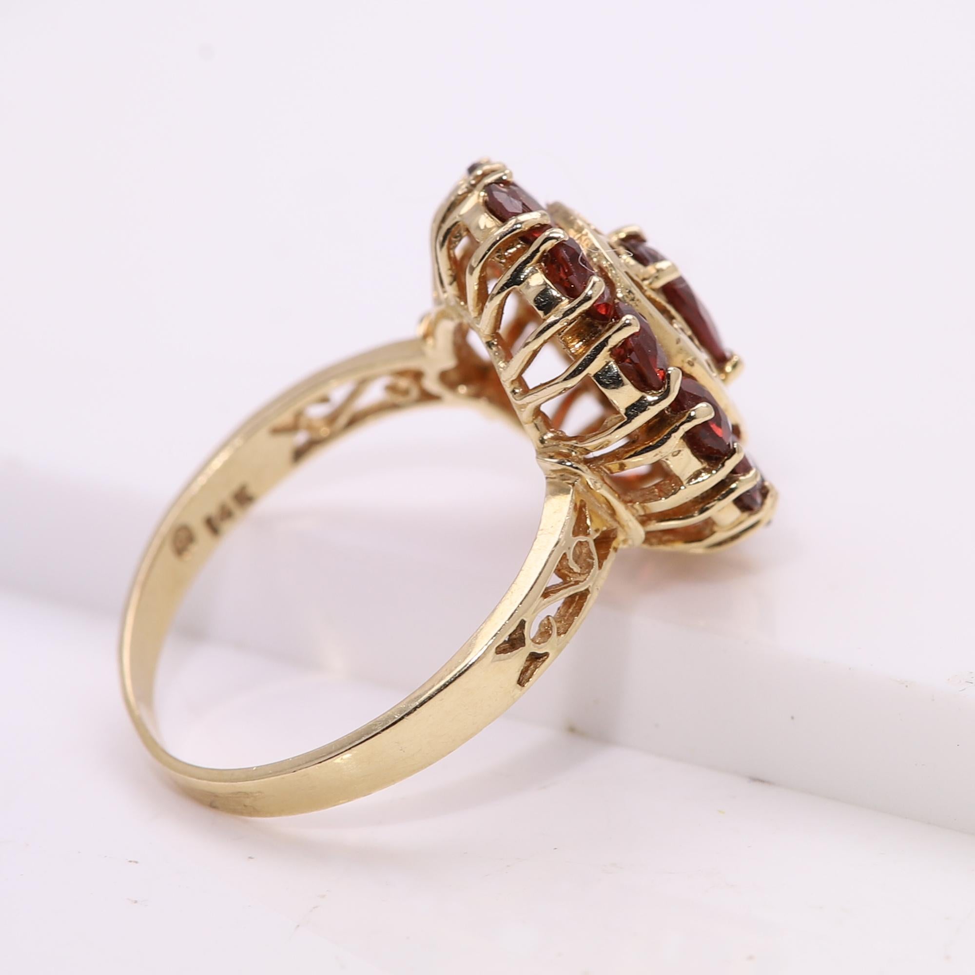 Garnet Cocktail Ring 14 Karat Yellow Gold Large Cluster Fashion Ring In Excellent Condition For Sale In Brooklyn, NY