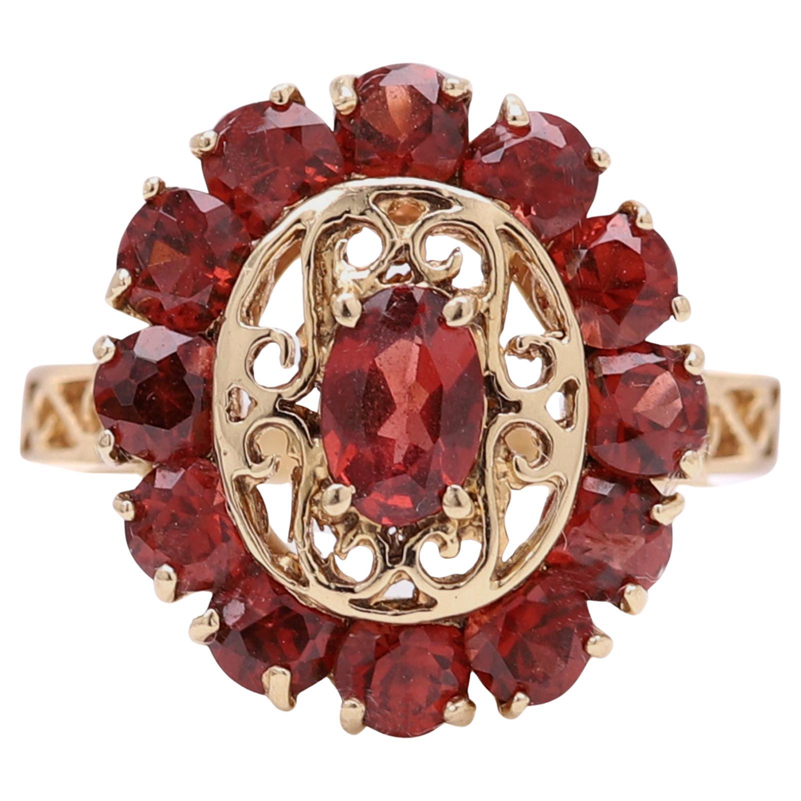 Garnet Cocktail Ring 14 Karat Yellow Gold Large Cluster Fashion Ring For Sale