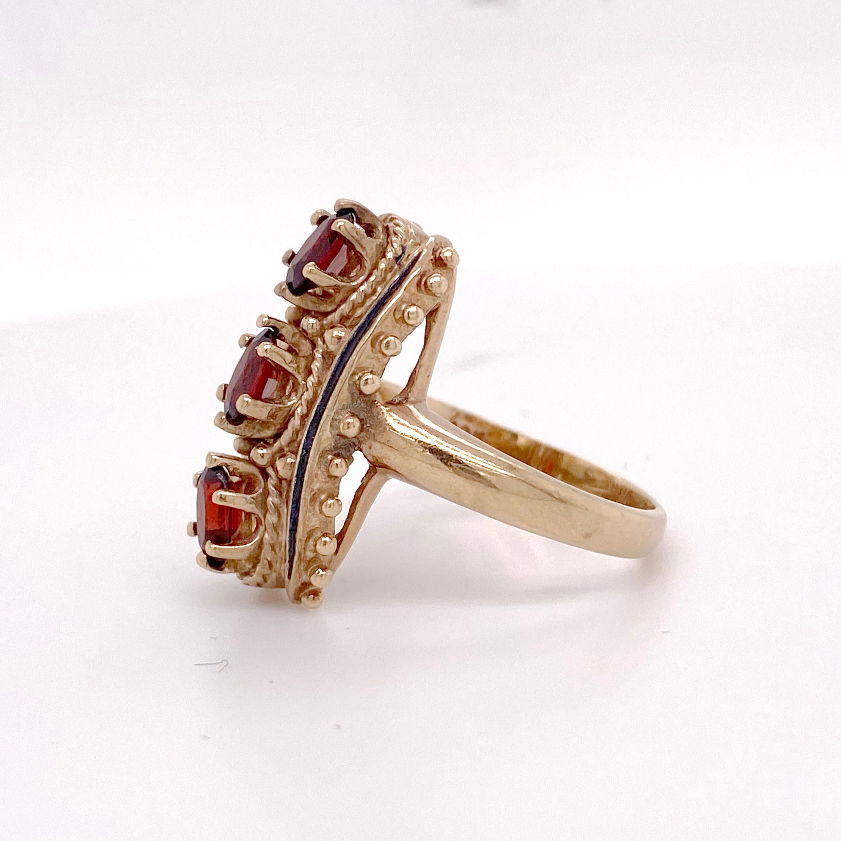 Late Victorian Garnet Cocktail Ring, Estate Cocktail, Yellow Gold, Three Stone Ring For Sale