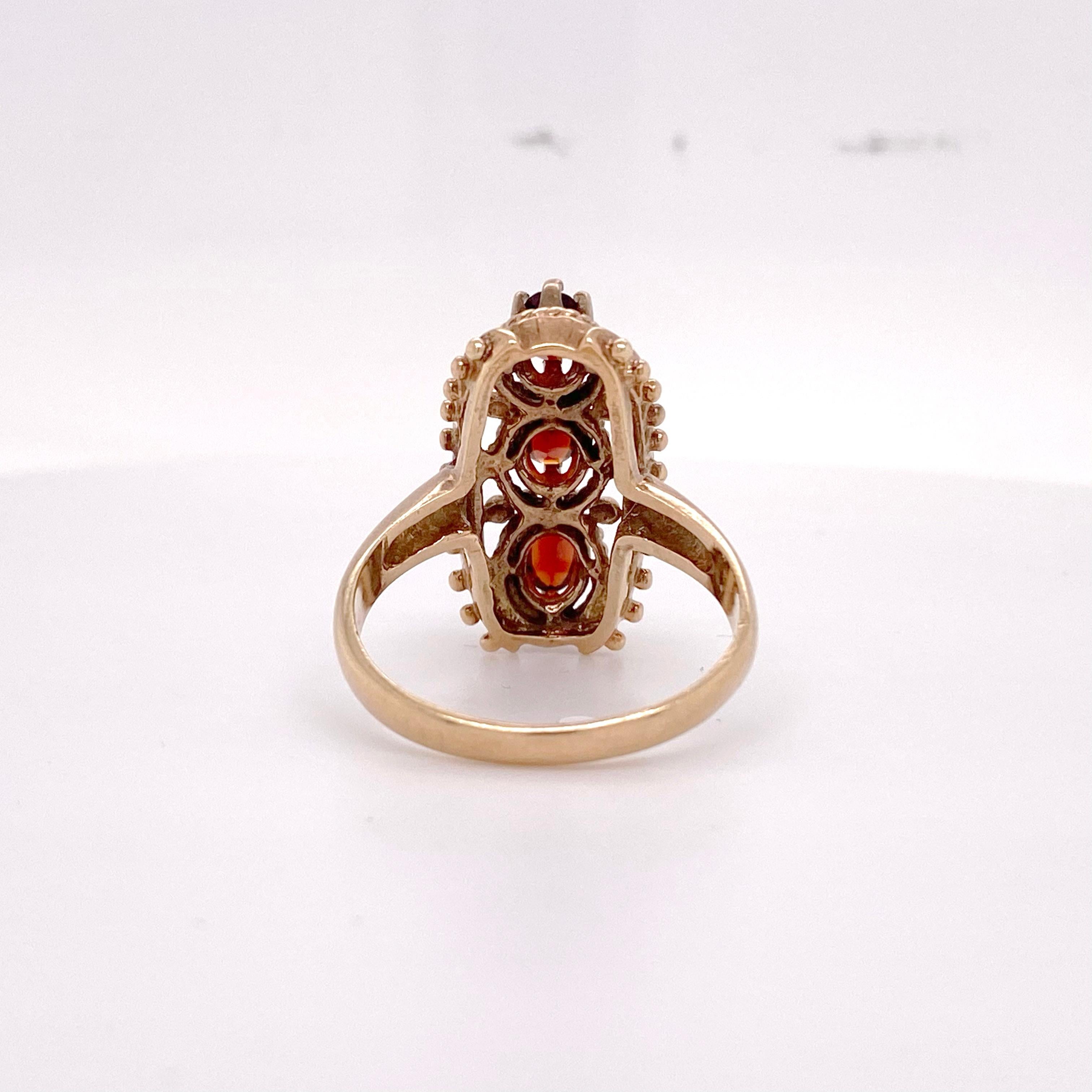 Oval Cut Garnet Cocktail Ring, Estate Cocktail, Yellow Gold, Three Stone Ring For Sale