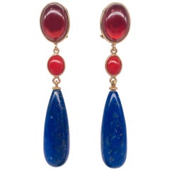 Garnet, Corail, and Lapis Lazuli on Pink Gold 18 Karat Chandelier Earrings