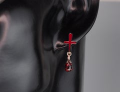 Garnet Cross Earrings in 14k Gold, Red Cross Enamel Earrings with Garnet