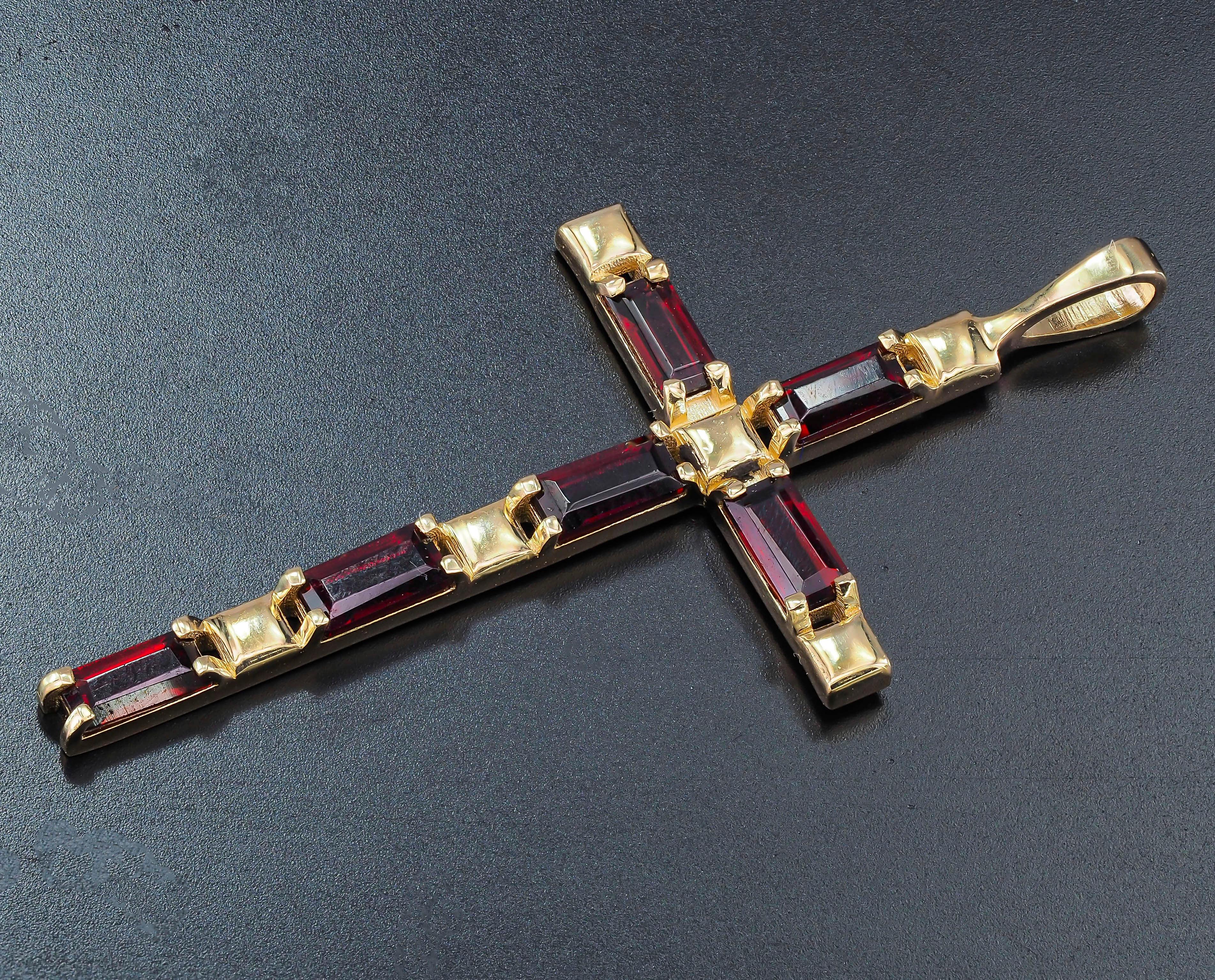 Garnet Cross Pendant in 14k Gold, Baguette Garnet Cross 1