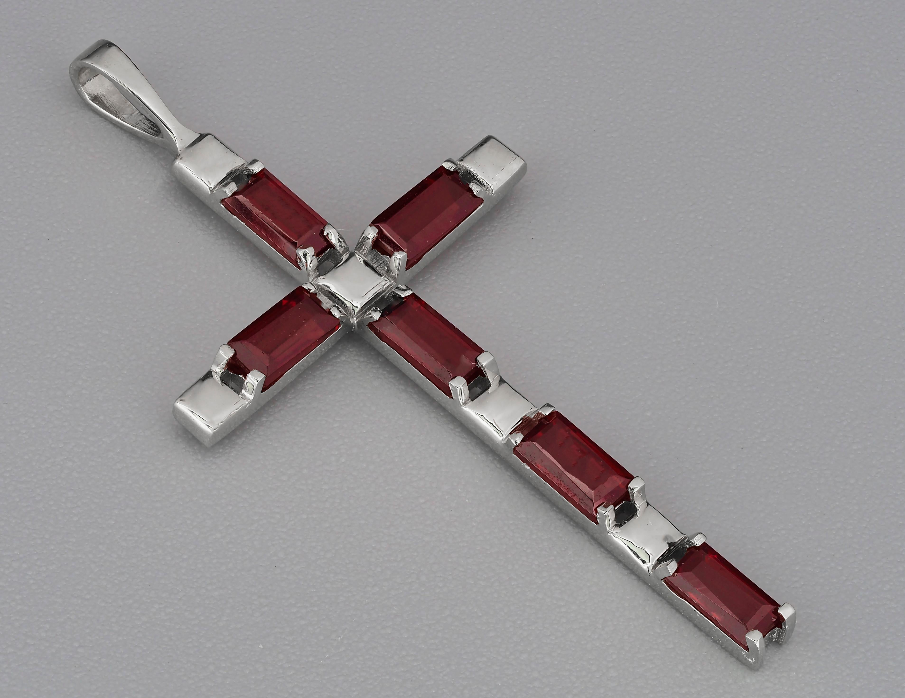 Modern Garnet Cross Pendant in 14k Gold, Baguette Garnet Cross