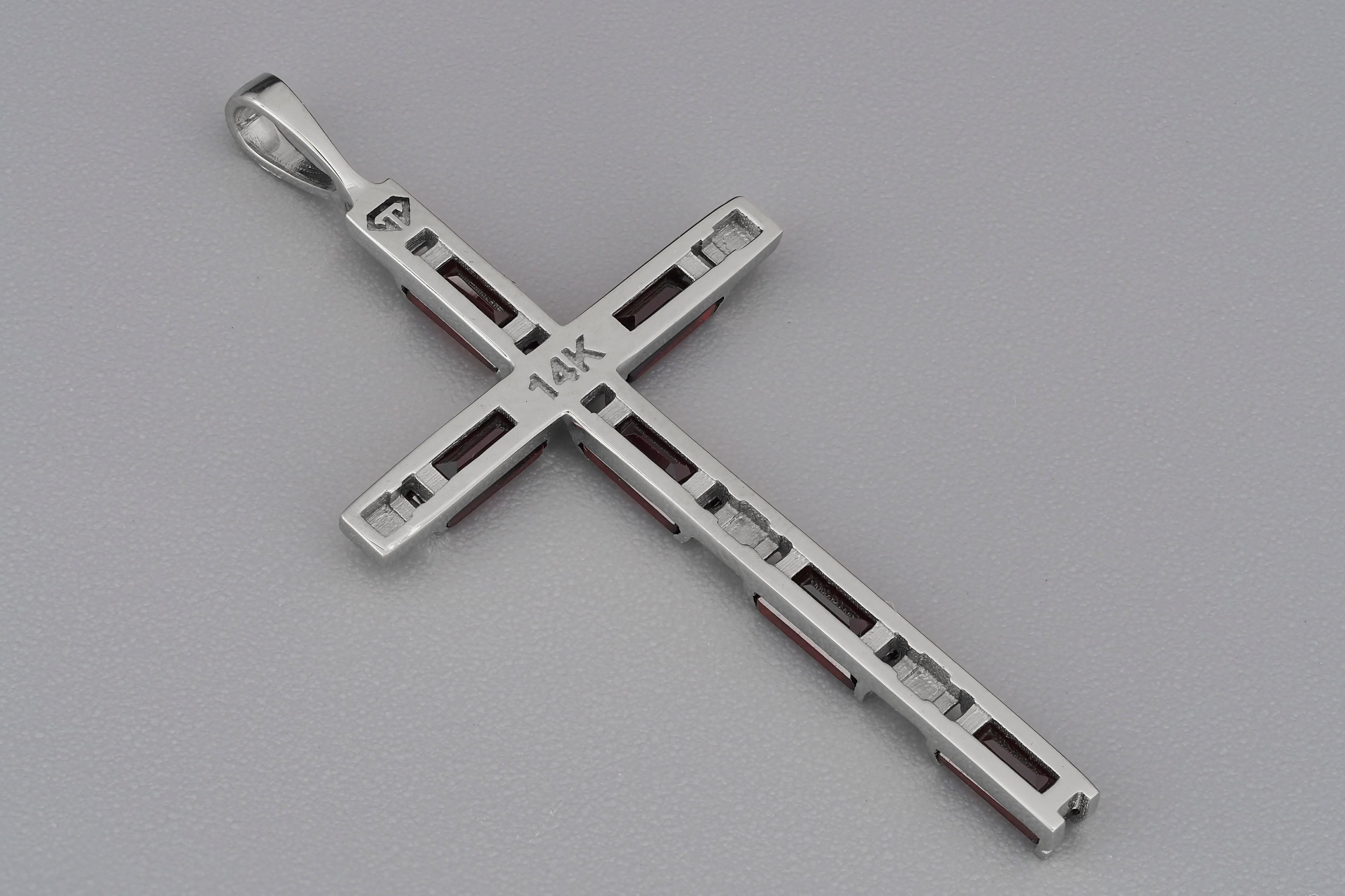 Baguette Cut Garnet Cross Pendant in 14k Gold, Baguette Garnet Cross